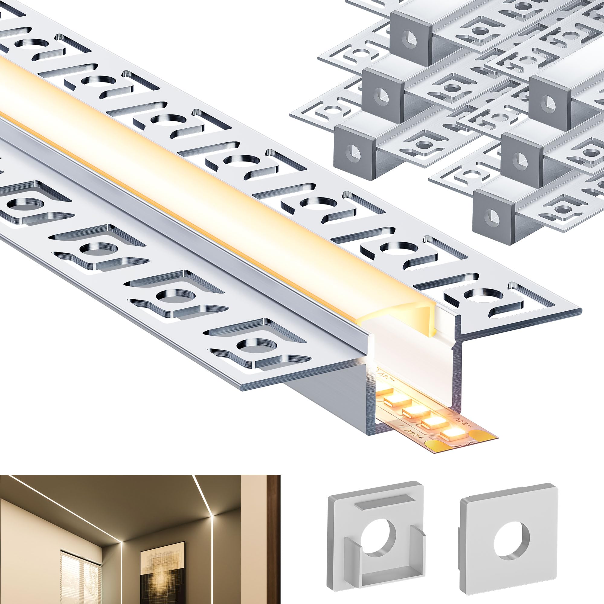 LED Aluprofil 6x2m(12m) Aluminium Trockenbau-Profil-Leiste eloxiert für LED Streifen Set inkl Abdeckung-Schiene Milchig-weiß (opal) und Endkappen L2000*55,5 * 14,9 mm