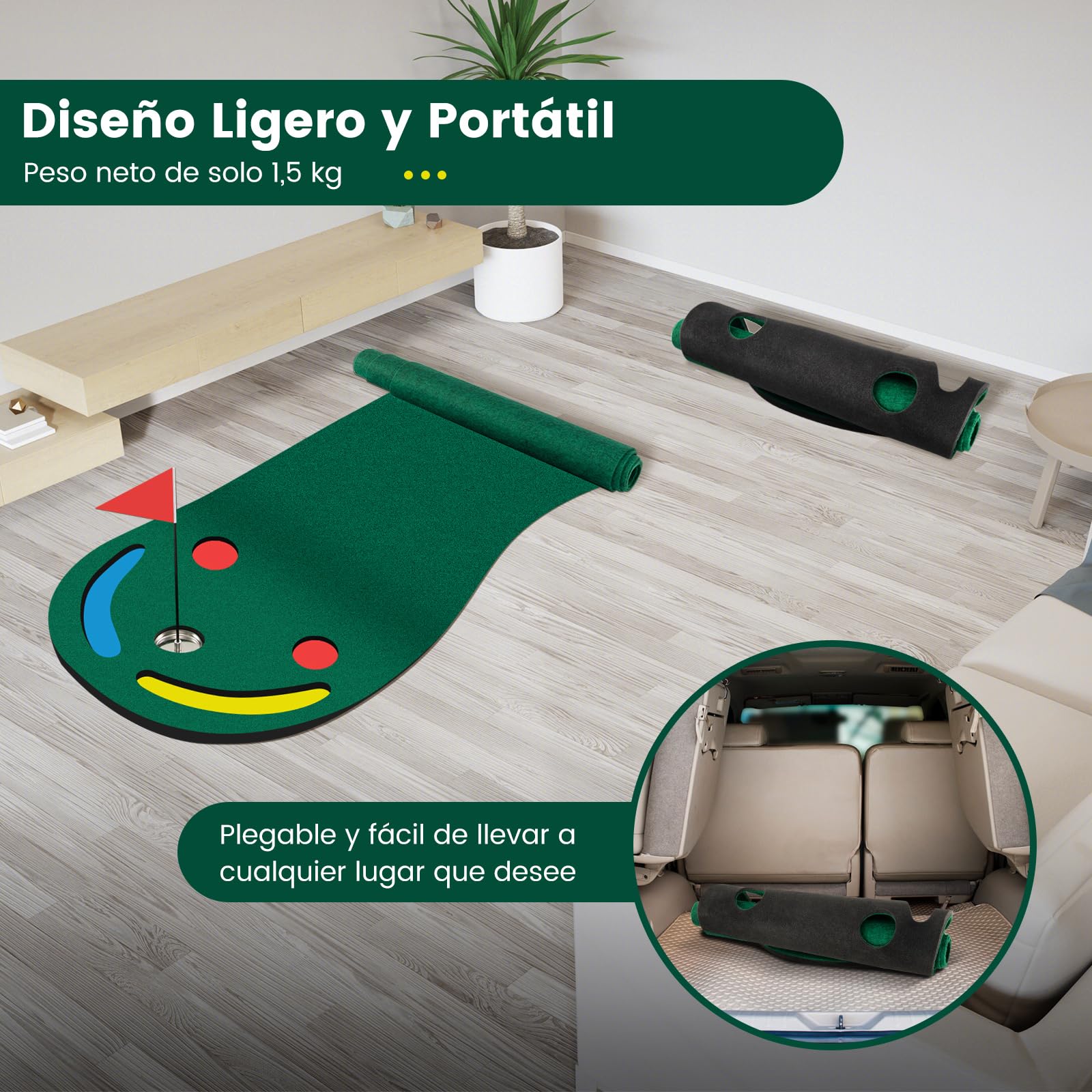 COSTWAY Alfombra de Putting Con 3 Tazas de Putt, Bandera y Cubiertas para Agujeros de Golf, Mat para Hogar y Oficina, 300 X 96 CM