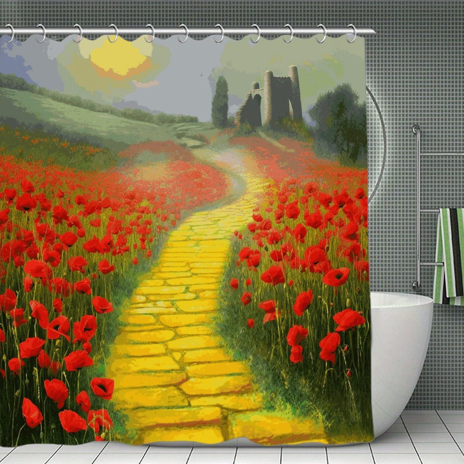 FekiLoot Poppies Field Yellow Brick Road Shower Curtain Minimalist Thick Bathroom Curtain Washable Modern Bathroom Shower Curtain Heavy Duty Waterproof Cloth Bath Curtain with Hooks 70.8"x70.8"
