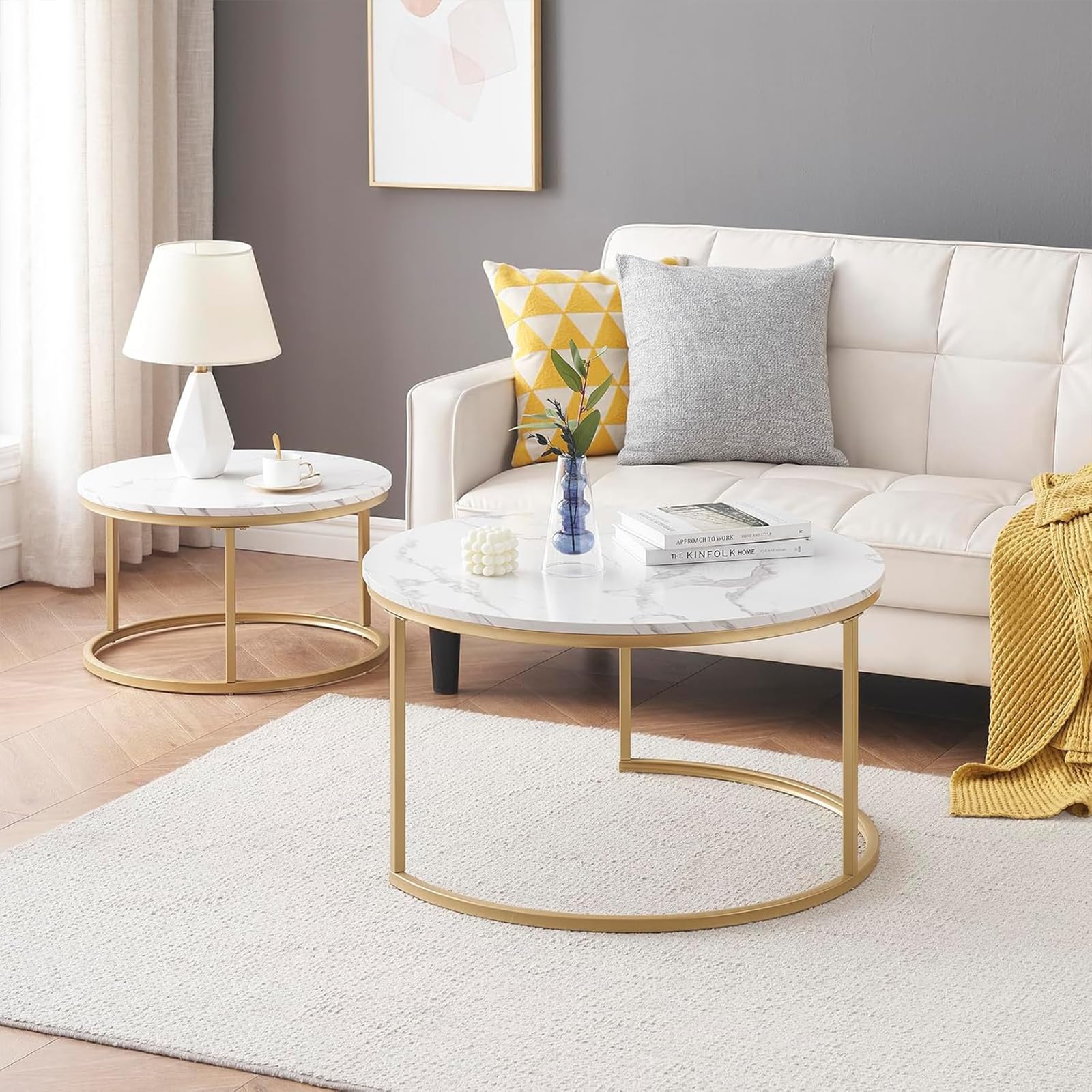 Tavolino rotondo effetto marmo, set da 2 tavolini da salotto e tavolino per soggiorno, Ø 80 x 45 H cm e Ø 60 x 35 H cm (bianco e oro)