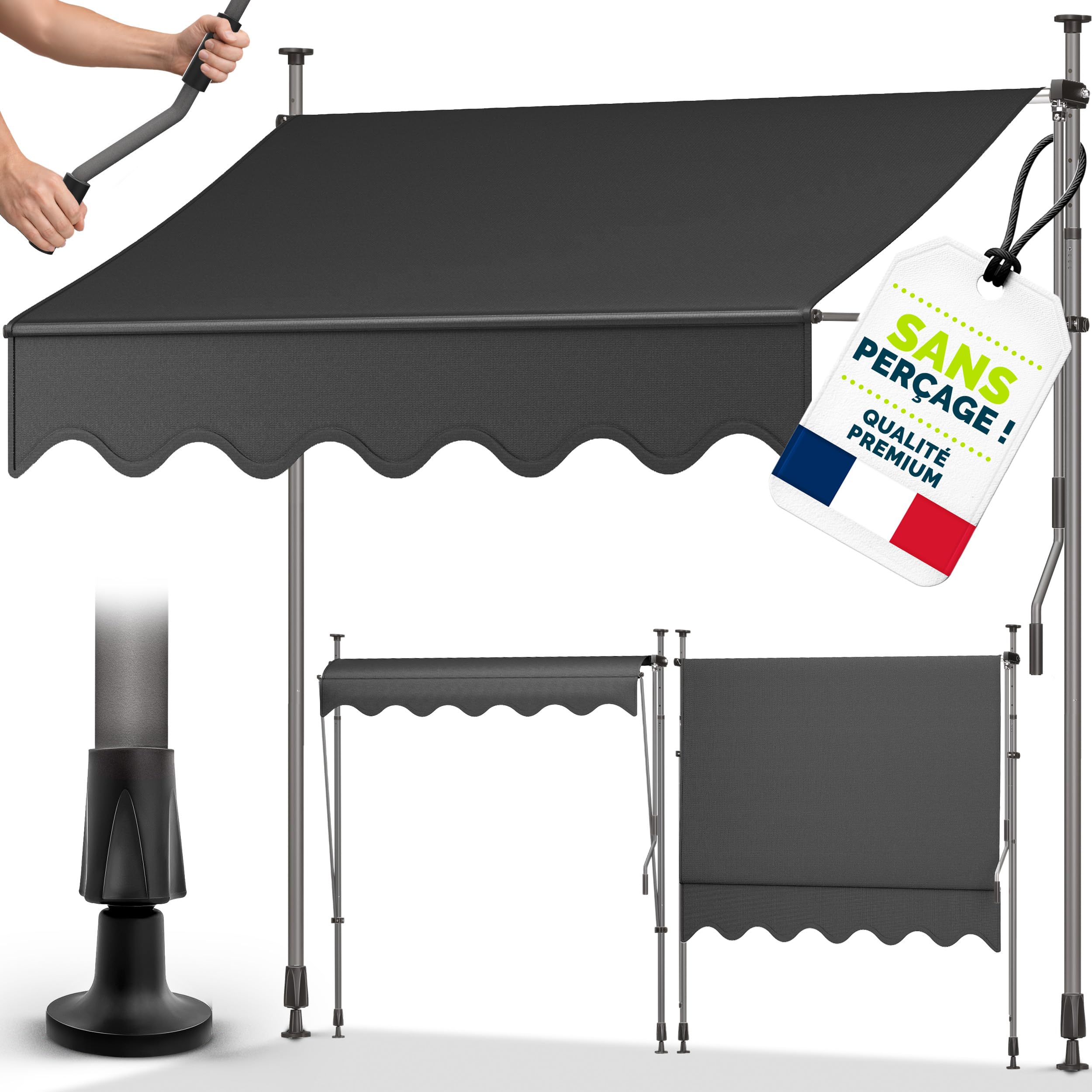 Markiza rétractable avec manivelle pour balcon terrasse sans percement auvent télescopique Anthracite 150cm
