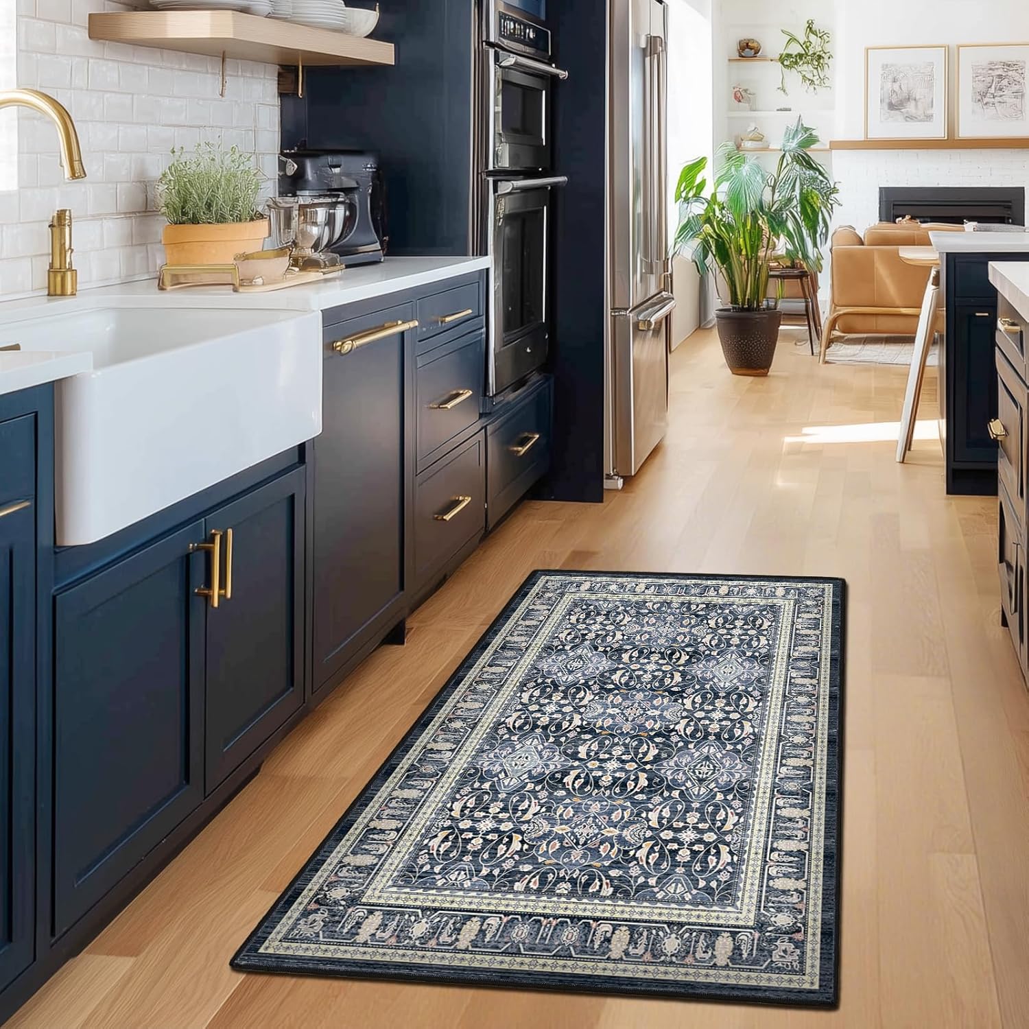 Dark Blue 3x5 Entryway Rug Indoor, Transitional Boho Floral Moroccan Trellis Printed Throw Rug for Kitchen, Ultra Thin for Machine Washable, Non Slip Area Rug for Foyer/Dorm/Bedroom Bedside