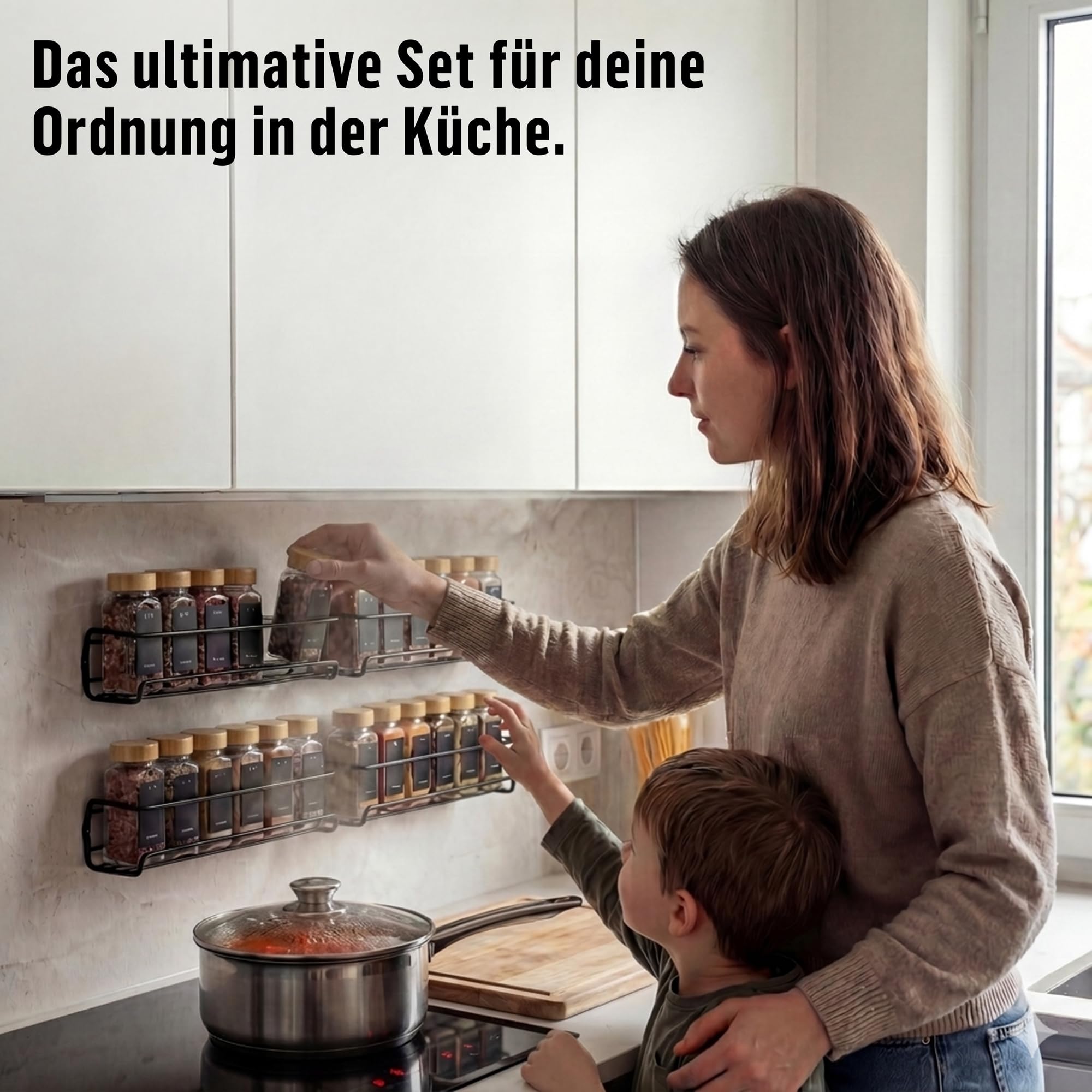 Deco haus® Gewürzregal Wand ohne Bohren [MIT 24 GEWÜRZGLÄSER & ETIKETTEN] - Gewürzregal Hängend 4er Set - Gewürzhalter Wand - Gewürzregale Schranktür zum Kleben - Spice Rack Organizer