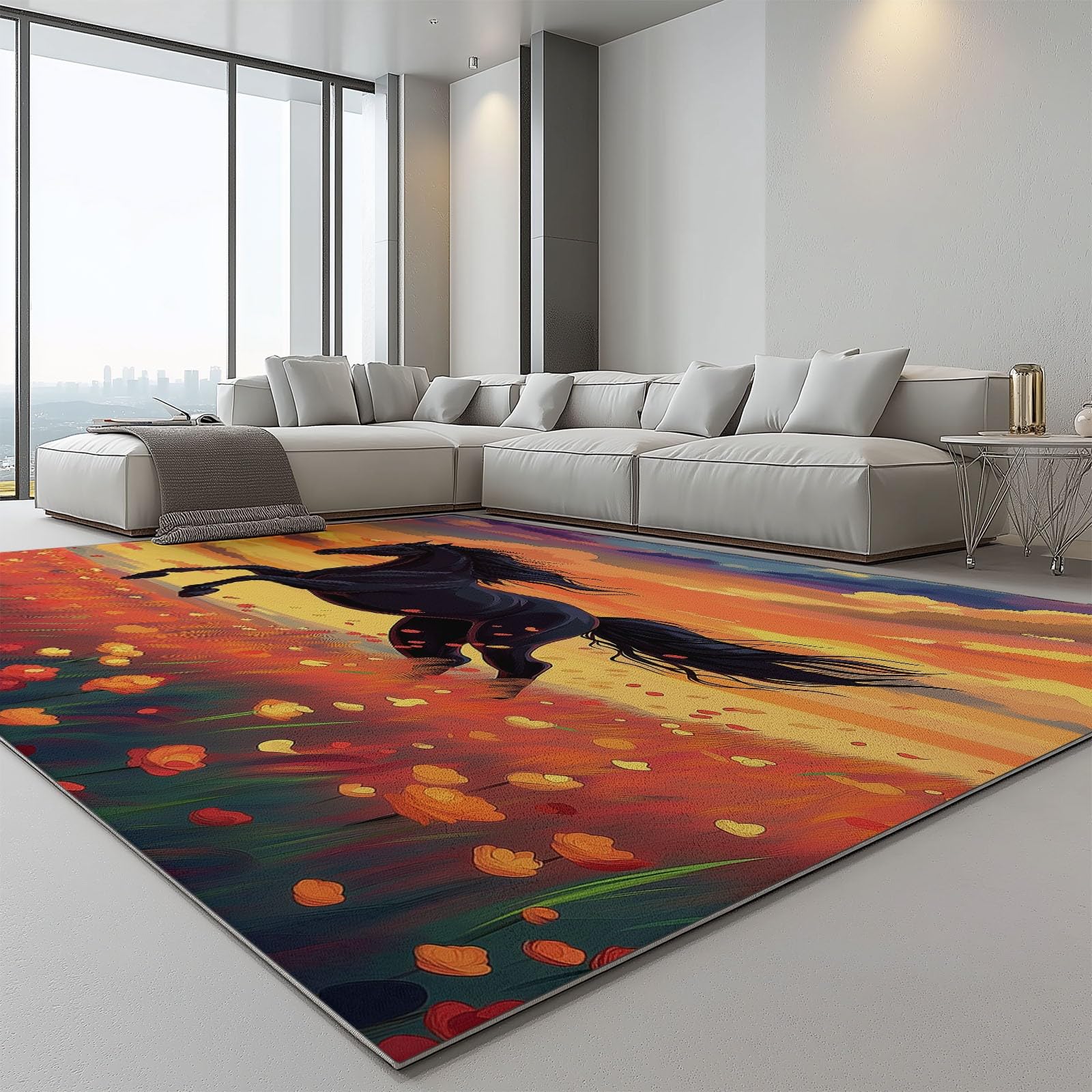 Lavabile in Lavatrice Tappeto per Soggiorno Camera da Letto Ufficio Decorazione 120 x 180 cm, Cartoni Animati Animali Floreale Prato Tema Flanella Tappeti con Supporto Antiscivolo, Arancia