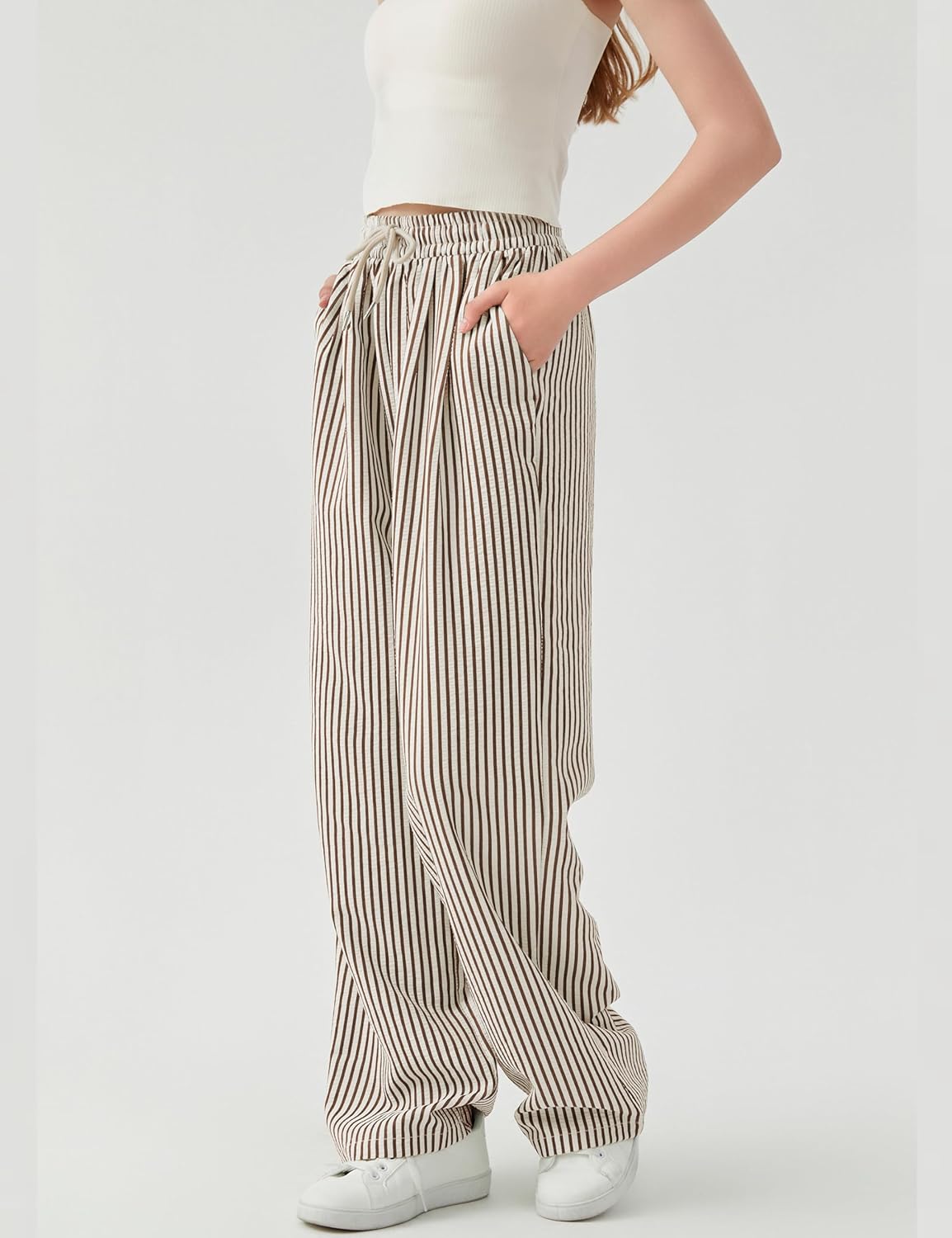 Women's Casual Striped Wide Leg Pants Y2k Drawstring Elastic High Waisted Trousers Loose Lounge Palazzo Pants - Image 2