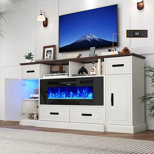 70" Tall Farmhouse White TV Stand with 40" Electric Fireplace, LED Entertainment Center for 70/75/80/85 Inch TV, Media Console w/Large Storage Cabinets Drawerswith Power Outlets