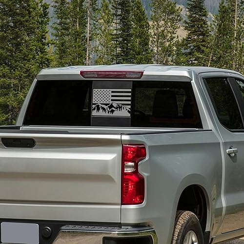 Miniatura 4 de Calcomanía de vinilo para ventana central trasera trasera compatible con Chevy Silverado Sierra 2019-2025 Mountain Scene American Flag (Negro mate)