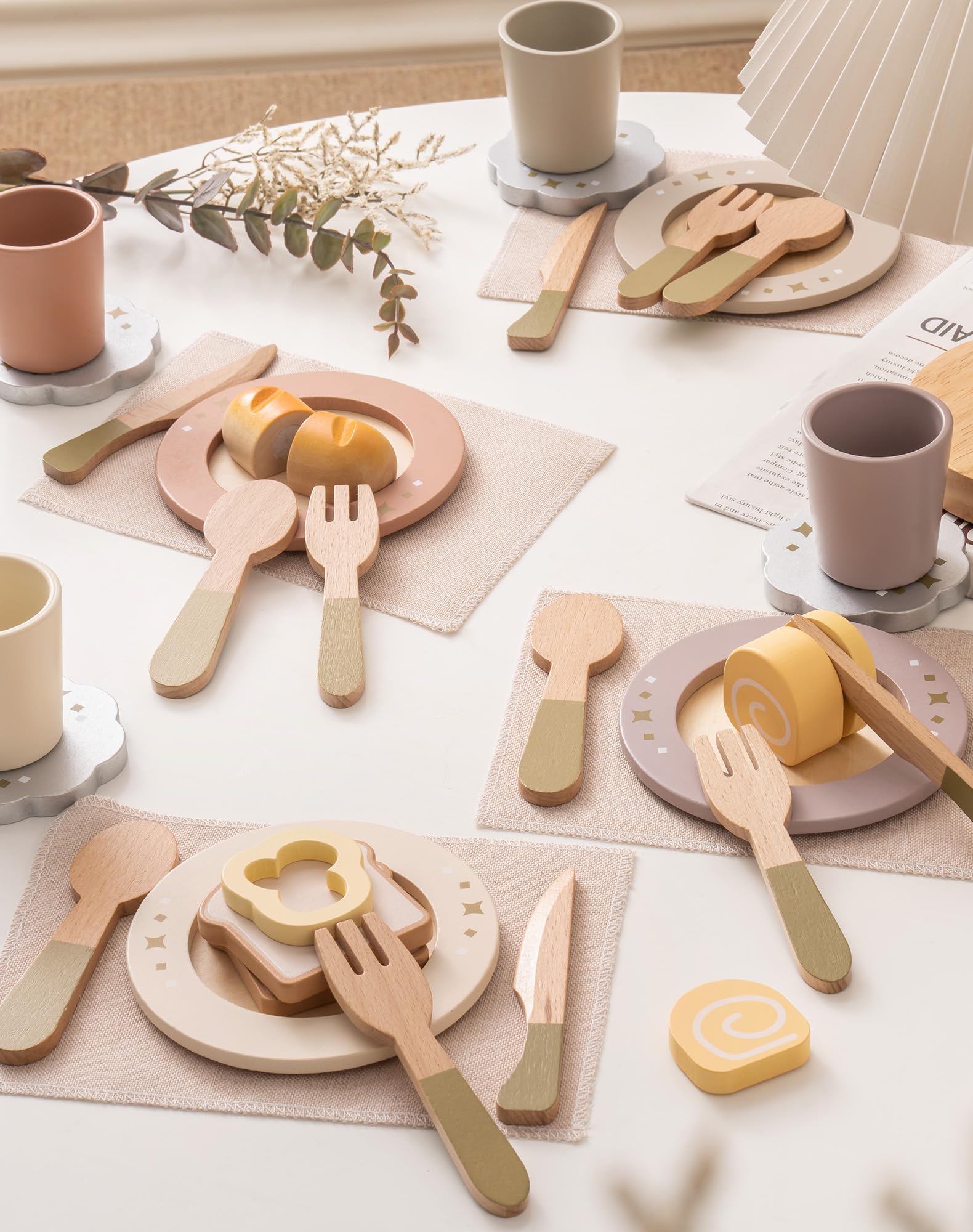 ROBUD 4-Set Wooden Play Dishes Set - Montessori-Inspired Play Food Accessories for Kids, Pretend Play Kitchen Set for Toddlers, Role Play Gift for Boys and Girls