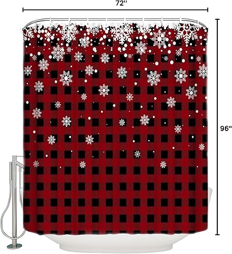 Miniatura 10 de Cortina de ducha de Navidad para baño, diseño de copos de nieve blanco sobre cuadros negros y rojos, juego de cortina de ducha impermeable con 12
