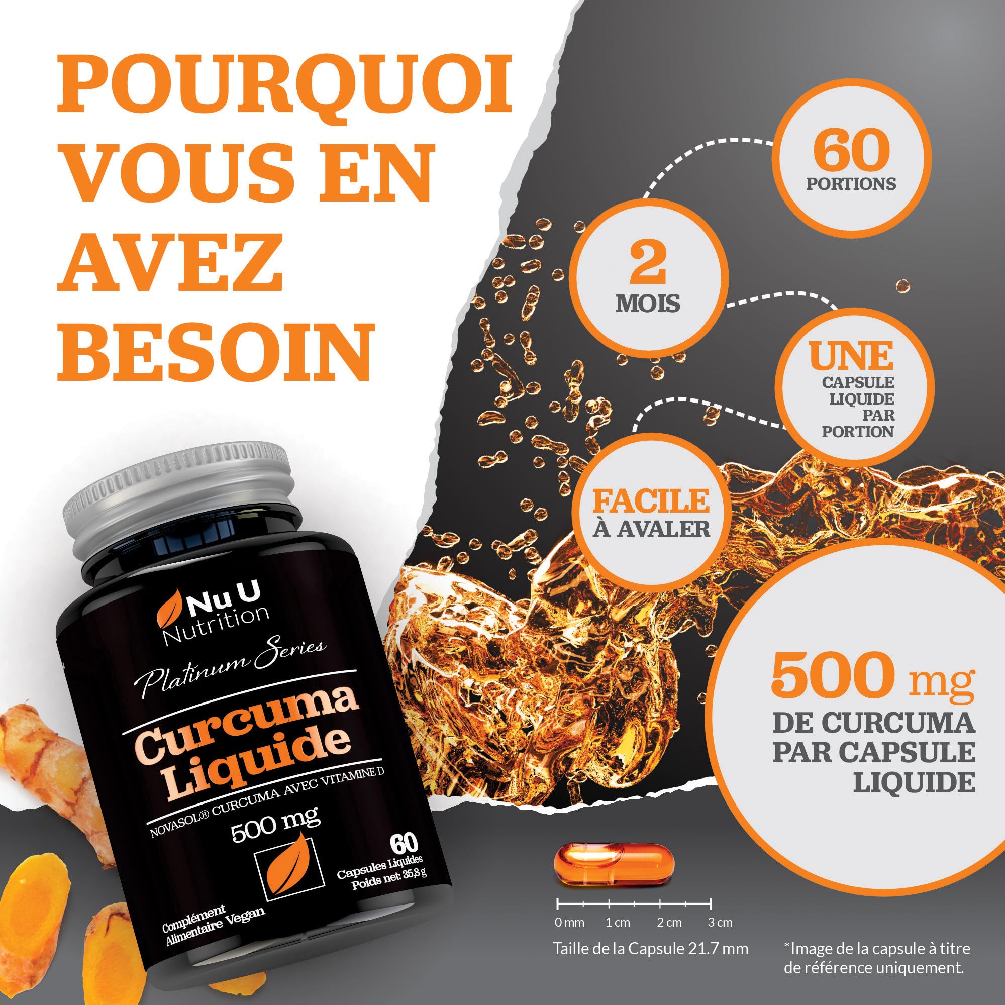 Turmeric Curcuma Capsules (Liquide) avec Vitamine D 185 plus de Biodisponibilité NovaSOL® Curcumine, 60 Capsules, Premium Turmeric Curcumine Liquide de Forte Puissance, pas de Comprimés