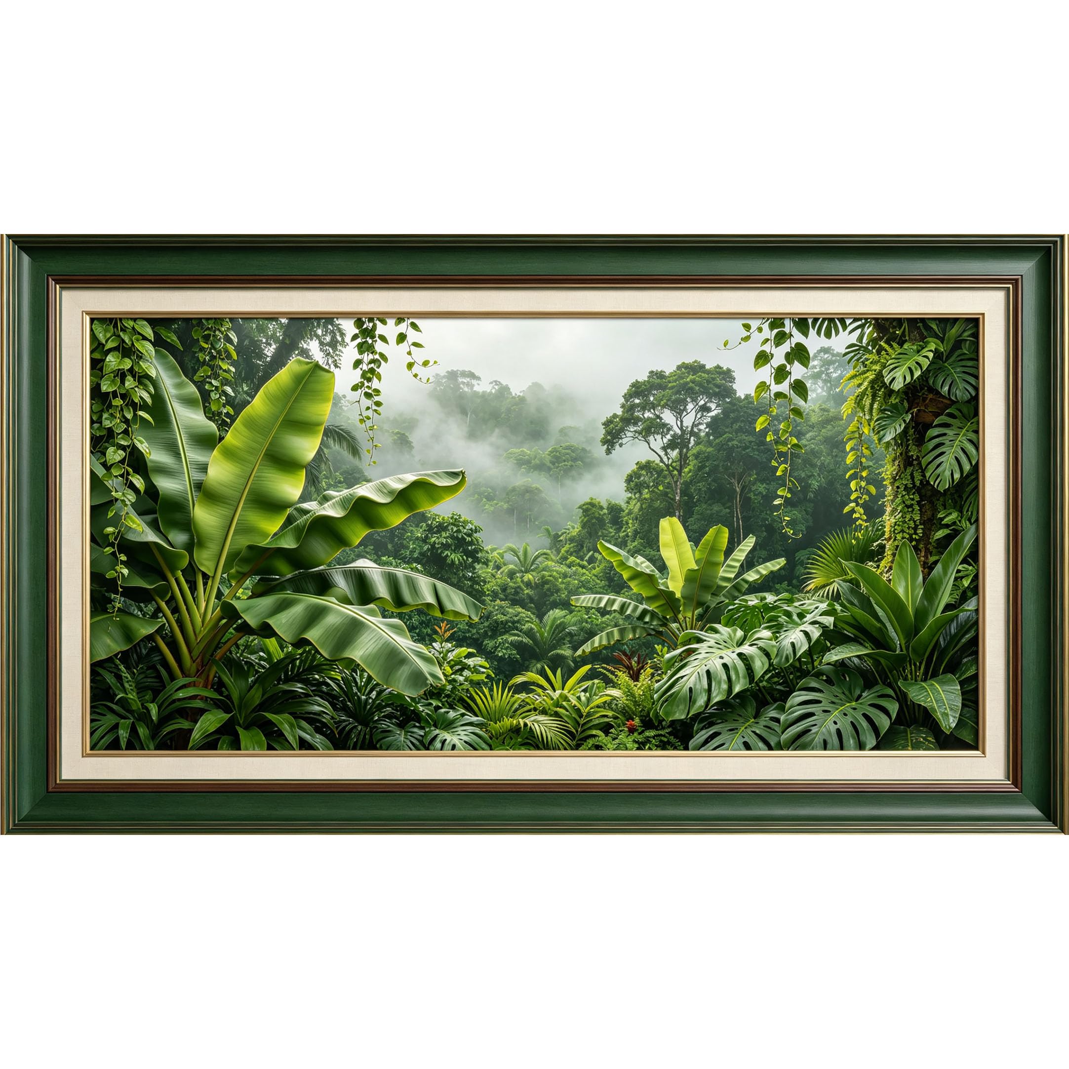 QZLITHOTIC 50x90cm3D Framed Wall Art， Tropical Jungle Mist Botanical Landscape Self‑Adhesive Mural， Water‑Activated Peel & Stick Fabric Decor Wall Decal for Bedroom Living Room