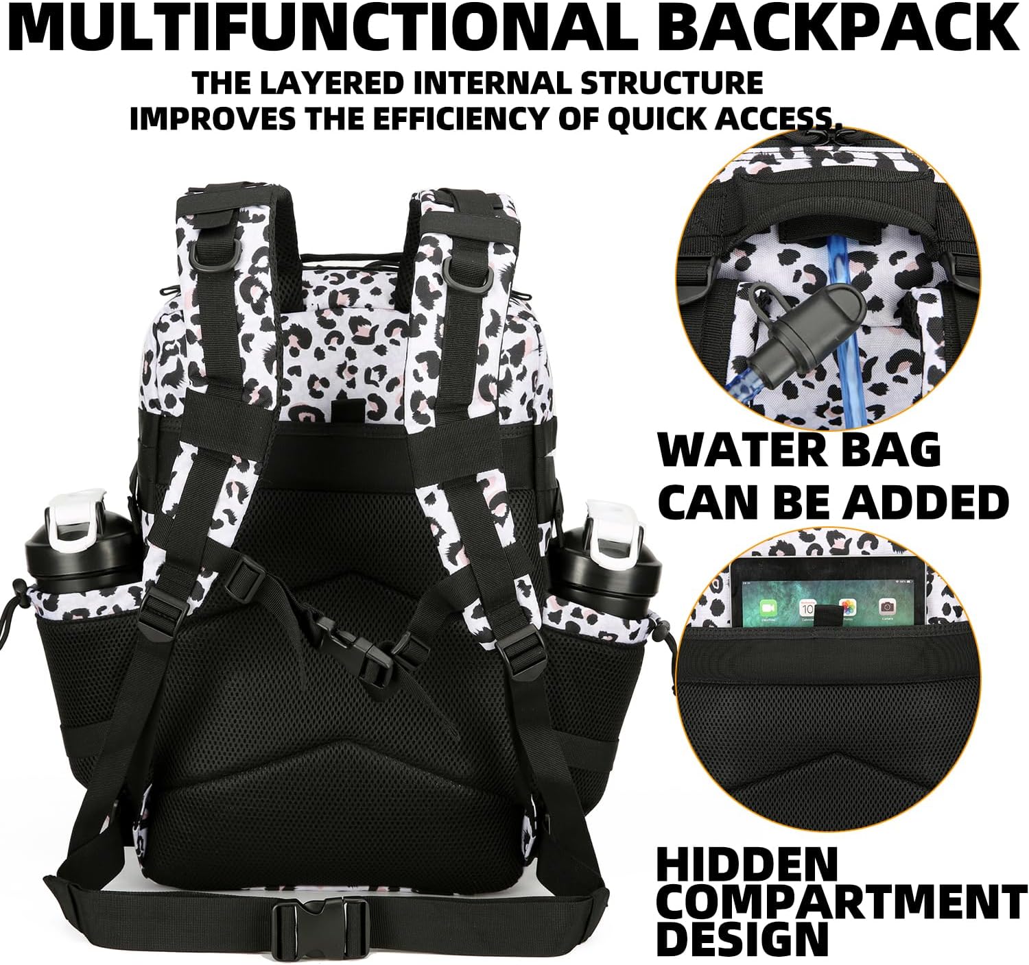 25L Tactical Backpack Military Tactical Backpack for Men and Women Small Assault Pack Outdoor Travel Hiking Camping Rucksack with Molle Webbing (White Leopard) - Image 4