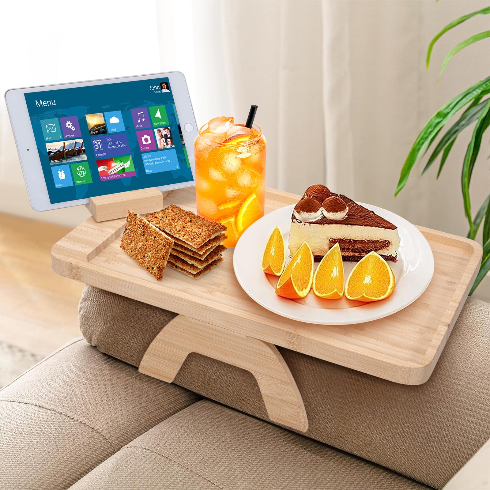 Bamboo Sofa Arm Tray Table with 360°Rotating Mobile Holder Foldable Couch Armrest Tray Portable Couch Arm Clip Table for Remote Control Drinks Snacks Phone