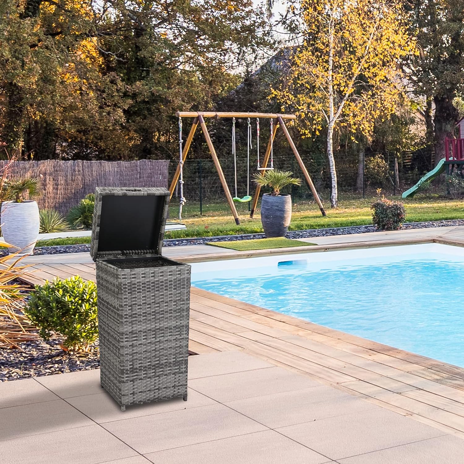 Henf 24-Gallon Outdoor Rattan Trash Can Wicker Waste Basket with Lid, Corner Wastebasket Trash Bin w/Sturdy Metal Frame for Poolside Backyard Patio Kitchen