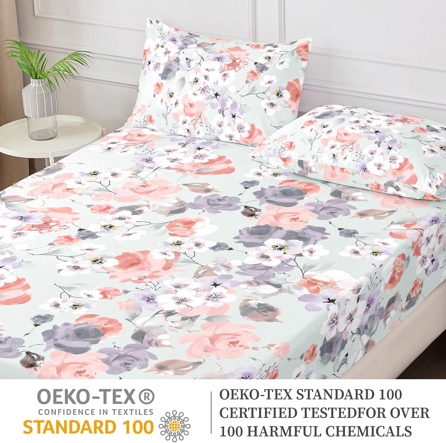 Floral Fitted Sheet with Pillow Cases, 100% Brushed Microfibre Deep Pocket Fitted Bottom Sheet, Ultra Soft, Shrinkage and Fade Resistant, King Size