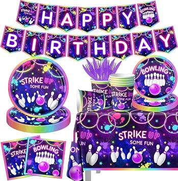 Bowling Birthday Tableware 142Pcs Lets Strike Up Some Fun Bowling Party Decorations Rainbow Neon Glow Girls Birthday Party Favors Disposable Plates,Tablecloth,Napkins,Cups,Forks and Knives