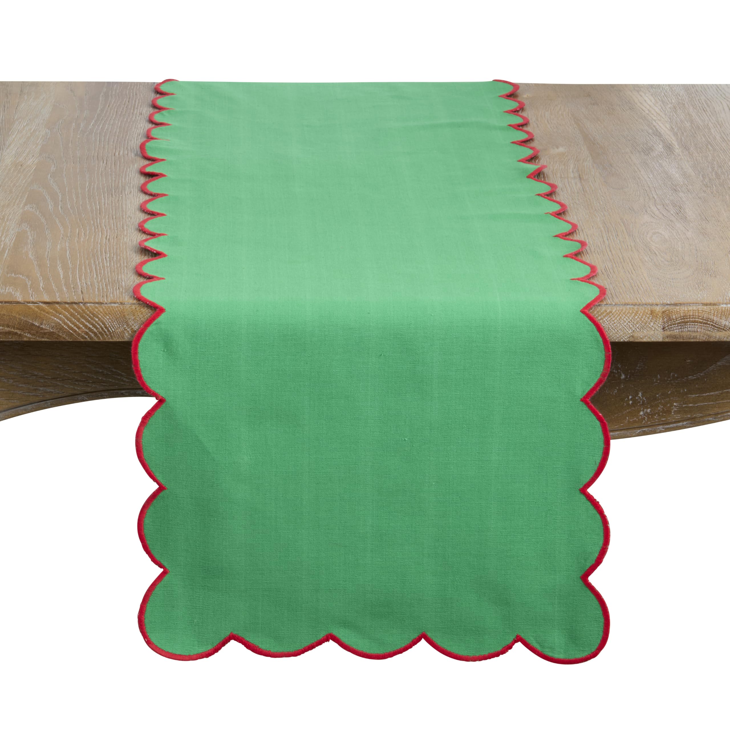 SARO LIFESTYLE Scalloped Edge Holiday Table Runner - Festive Cotton Table Runner for Christmas Dining Tables, Seasonal Entertaining, and Holiday Tablescapes, 16"x72", Green