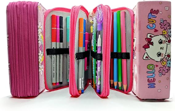 Limmy Pencil Case Kitty Cat Pattern Organizer Pencil Case Vegan Leather Three Compartment Pen Holder