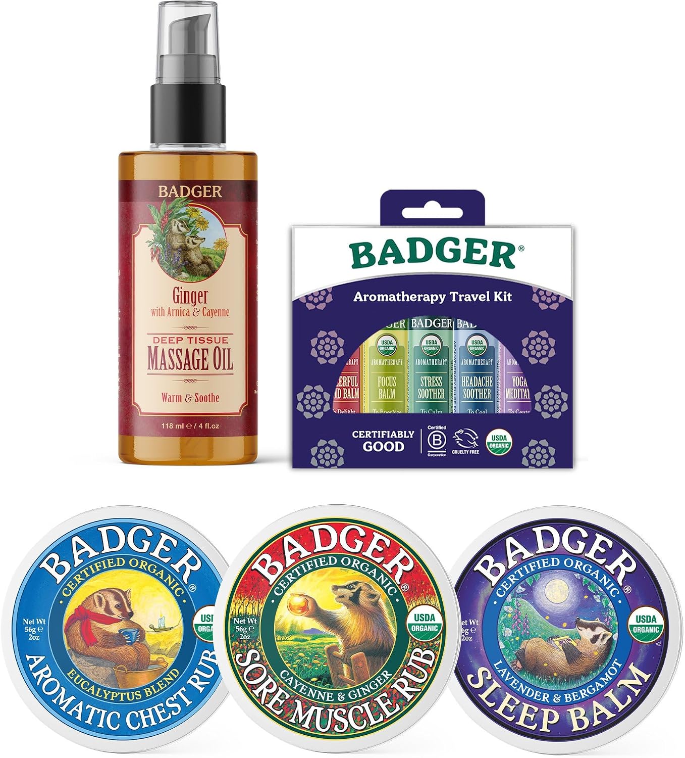 Badger Wellness & Aromatherapy Bundle - Sleep Balm w Lavender & Bergamot, Deep Tissue Massage Oil, Sore Muscle Rub, Aromatic Chest Rub, Aromatherapy Balm Stick Variety Pack - Certified Organic