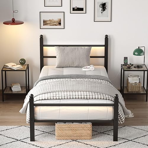 Miniatura 17 de Base de cama de tamaño individual con estación de carga y luces LED, marco de cama de metal con cabecero, cabecera tapizada negra con estantes de