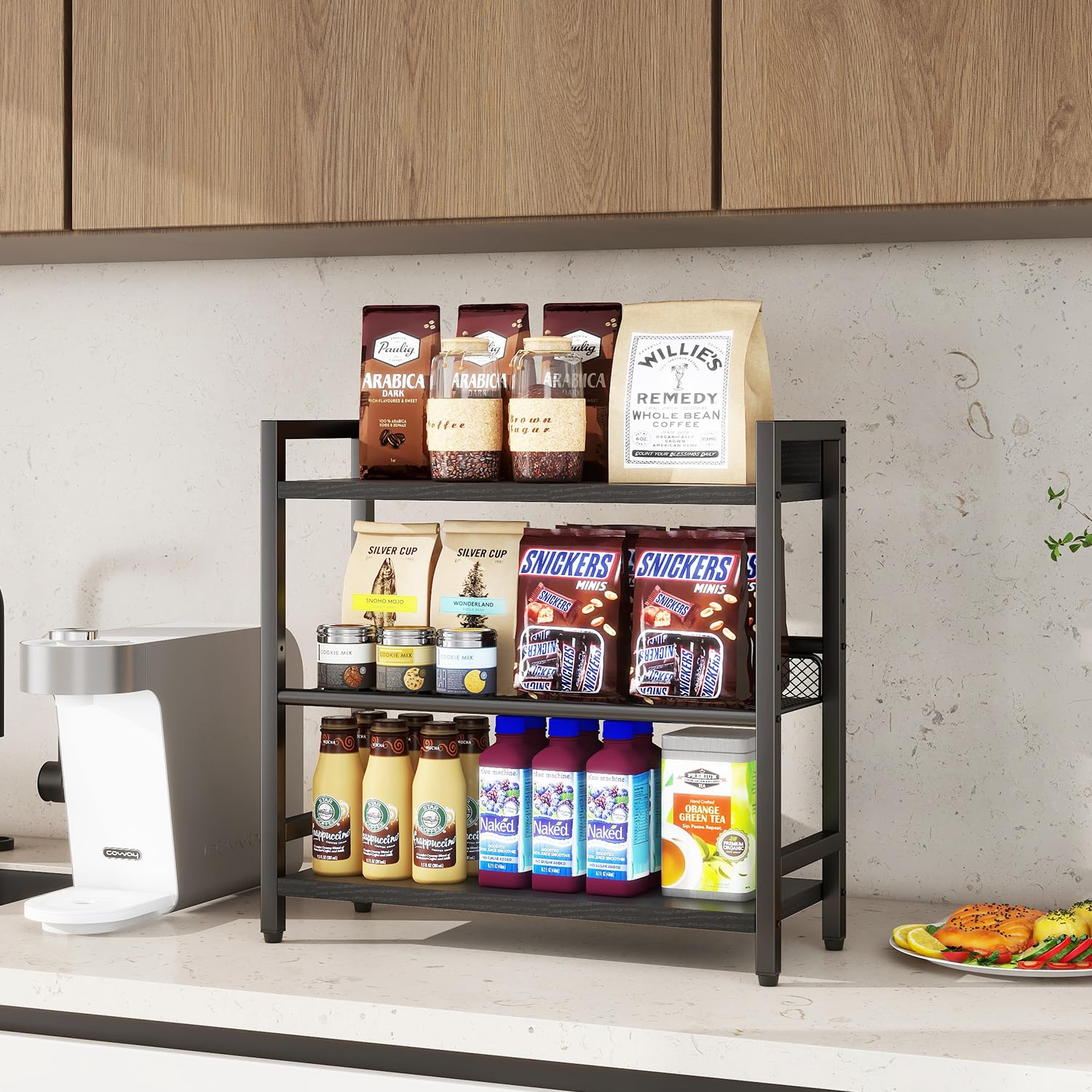 Estante de especias industrial de 3 niveles, organizador de almacenamiento de escritorio, estante de condimentos de pie para encimera, cocina, oficina, sala de estar, escritorio, negro, 4