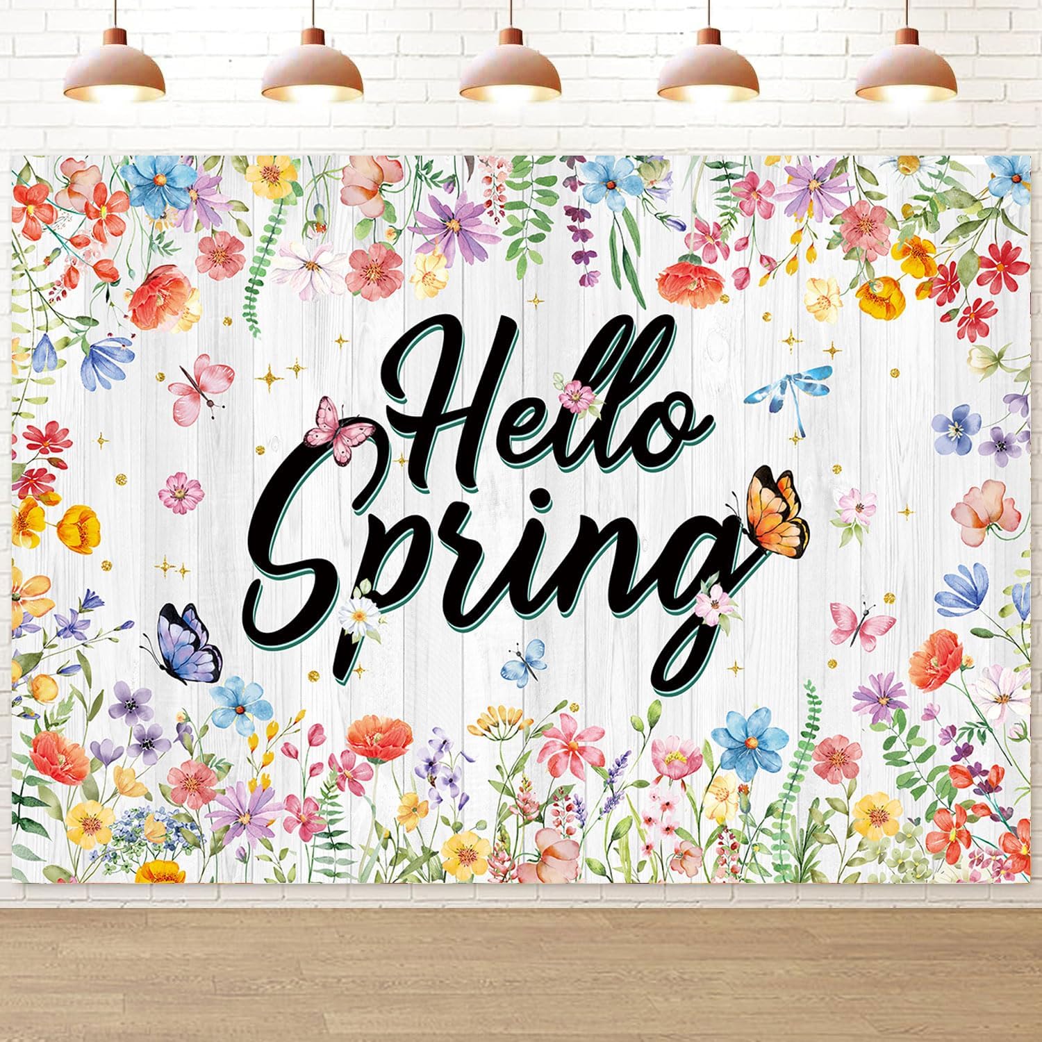 Hello Spring Banner Backdrop 6x4FT Spring Wildflower White Wooden Photography Background Easter Party Decorations Supplies Photo Props