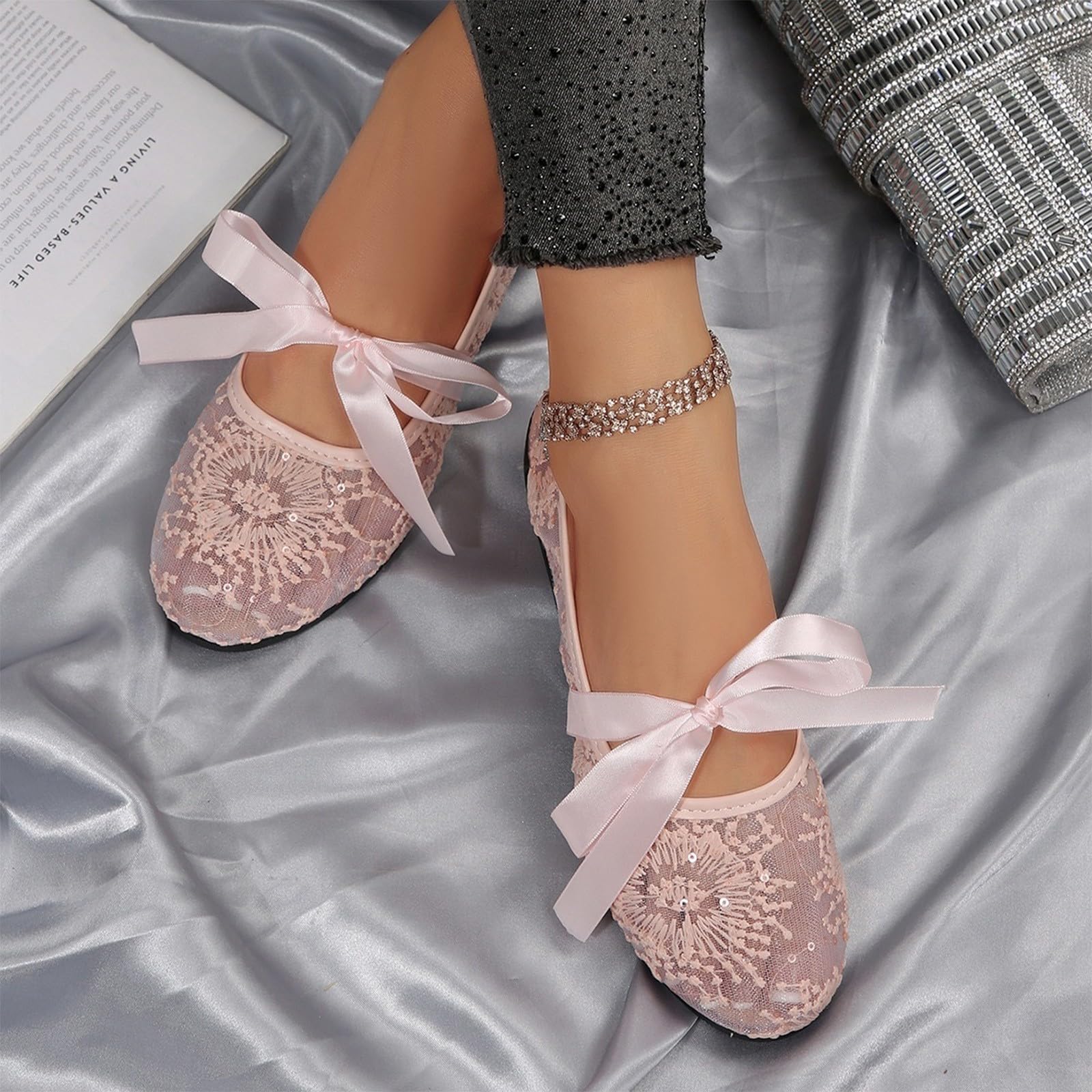 Ballerine Mary Jane Donna in Pizzo Floreale, Scarpe Basse Eleganti con Fiocco e Cinturino, Punta Tonda, Suola Piatta Morbida, Stile Dolce Primavera