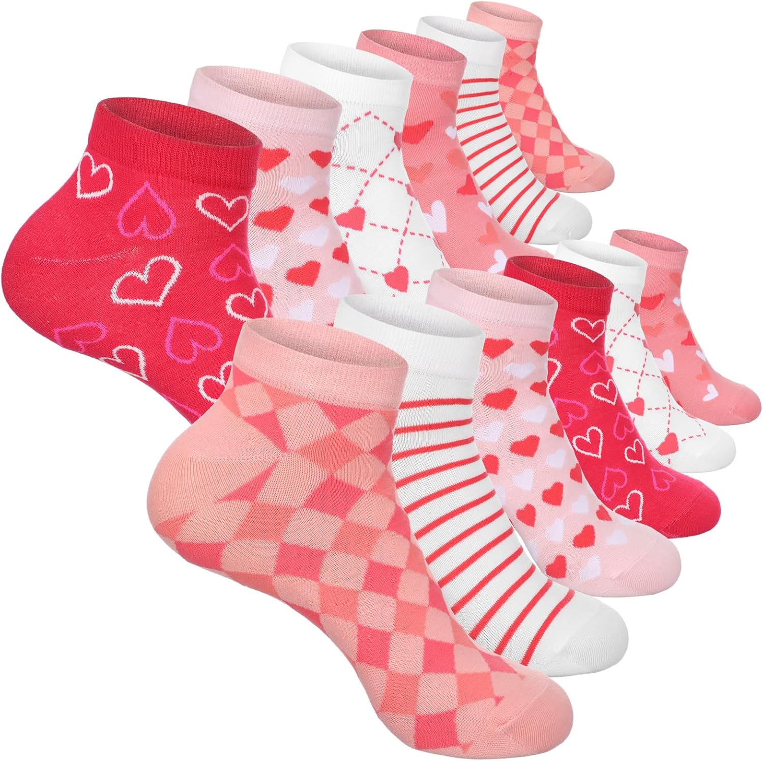 12 Pairs Valentines Gifts for Women Heart Crew Socks Cute Heart White Pink Colorful Crew Socks for Women Couple
