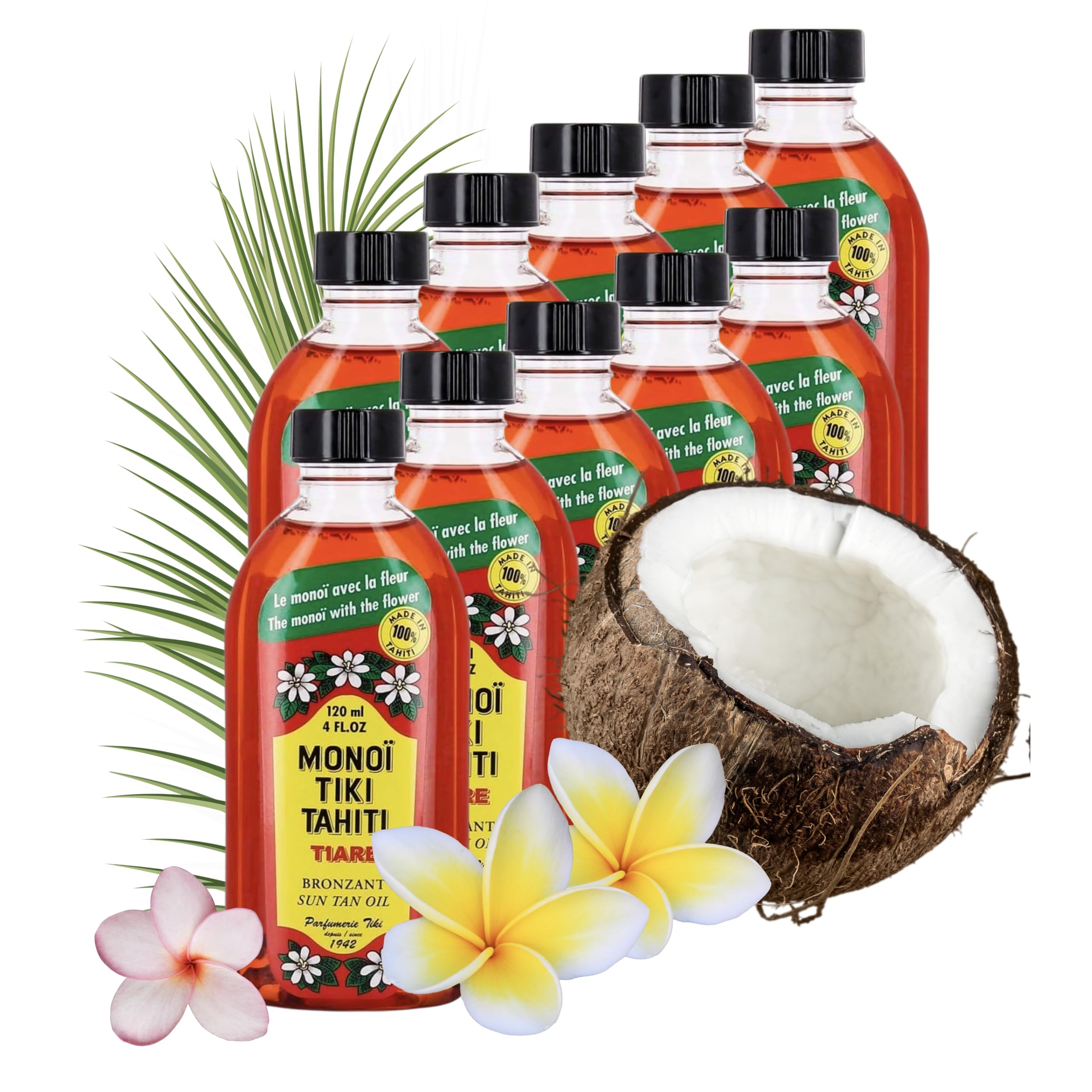 Tiki Tiara Tiare Tahiti Monoi 120 ml – Sonnenöl SPF3 Bronzing für Körper Haar feuchtigkeitsspendend pflegend – exotischer Duft – hergestellt in Tahiti (10 Stück)
