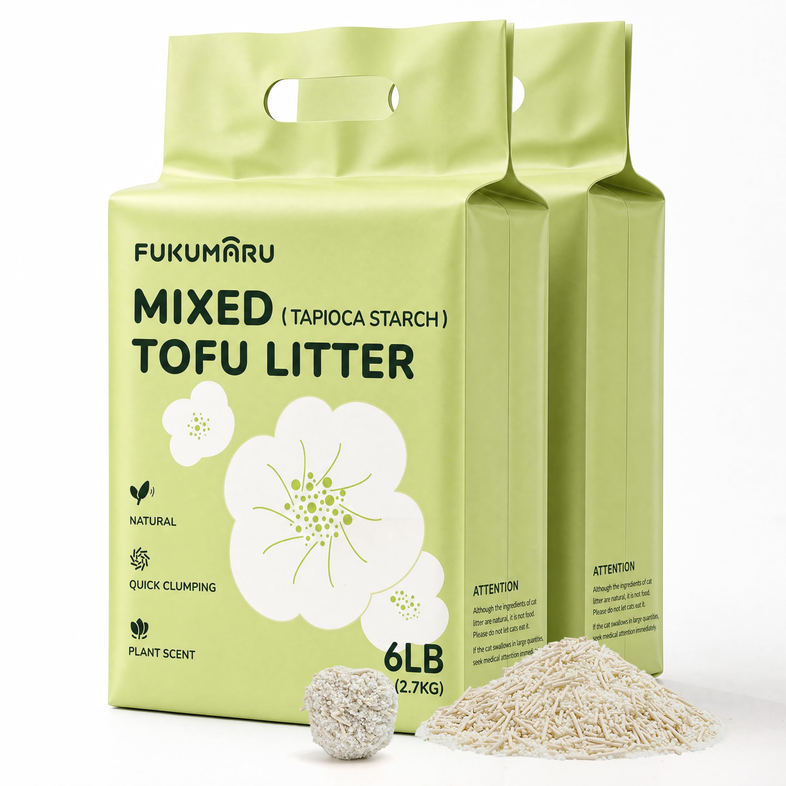 FUKUMARU Tofu Cat Litter, 12lb Clumping & Odor Management, Gardenia Scent, Bean Dregs & Cassava Starch, Low Dust, Low Tracking, High Absorbent, 6lb x 2 Bags