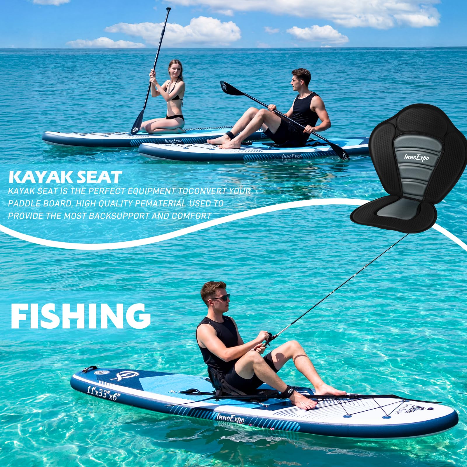 InnoExpo Tablas de remo inflables con accesorios de primera calidad, diseño de tabla de remo SUP ancha y estable, cubierta antideslizante y cómoda para jóvenes y adultos