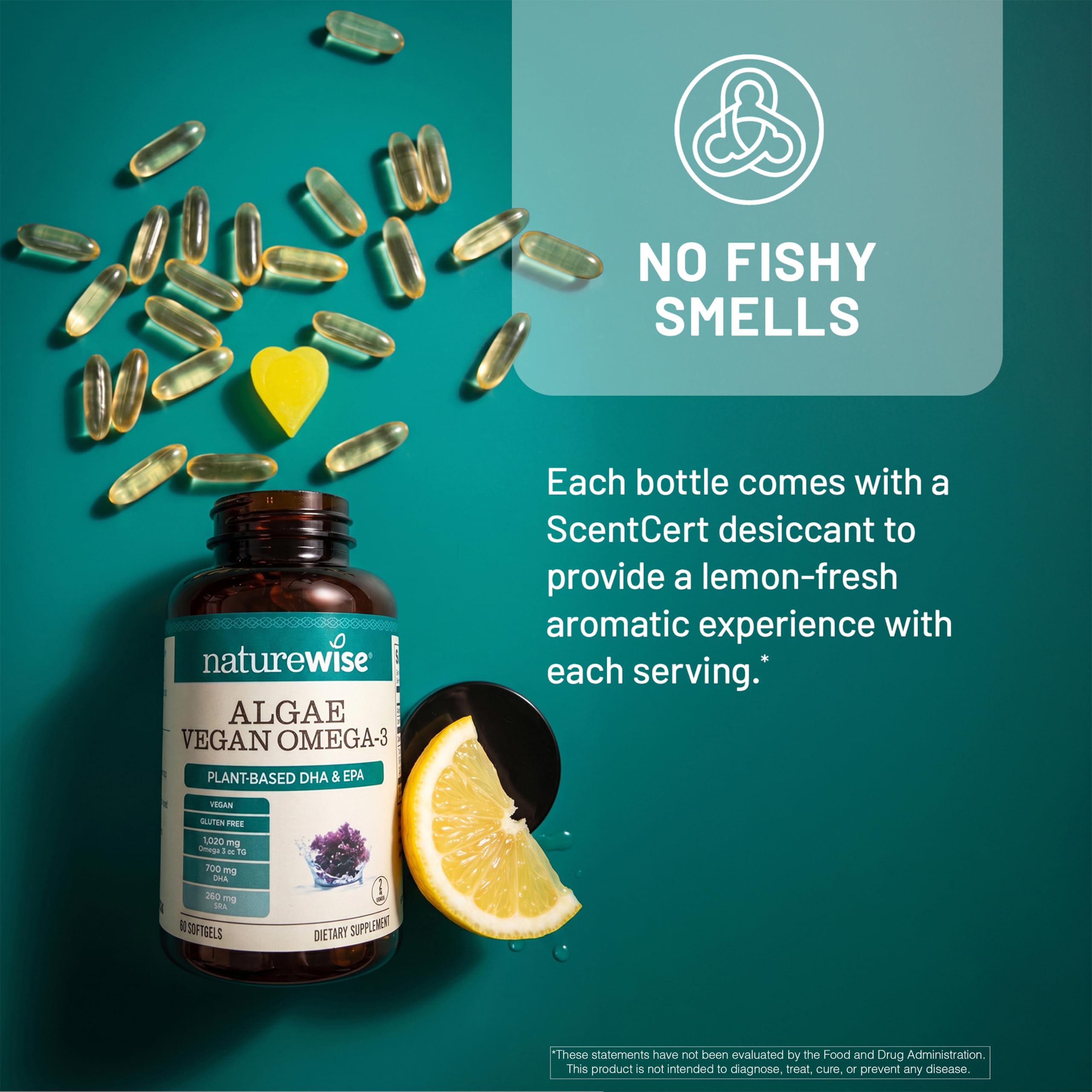 NatureWise Vegan Algae Omega-3-1458mg Algae Oil - with Plant-Based 700mg DHA & 280mg EPA - Carrageenan Free - Lemon ScentCert Included - Non-GMO - USA Manufactured - 60 Softgels[30-Day Supply] — Amazon image 5