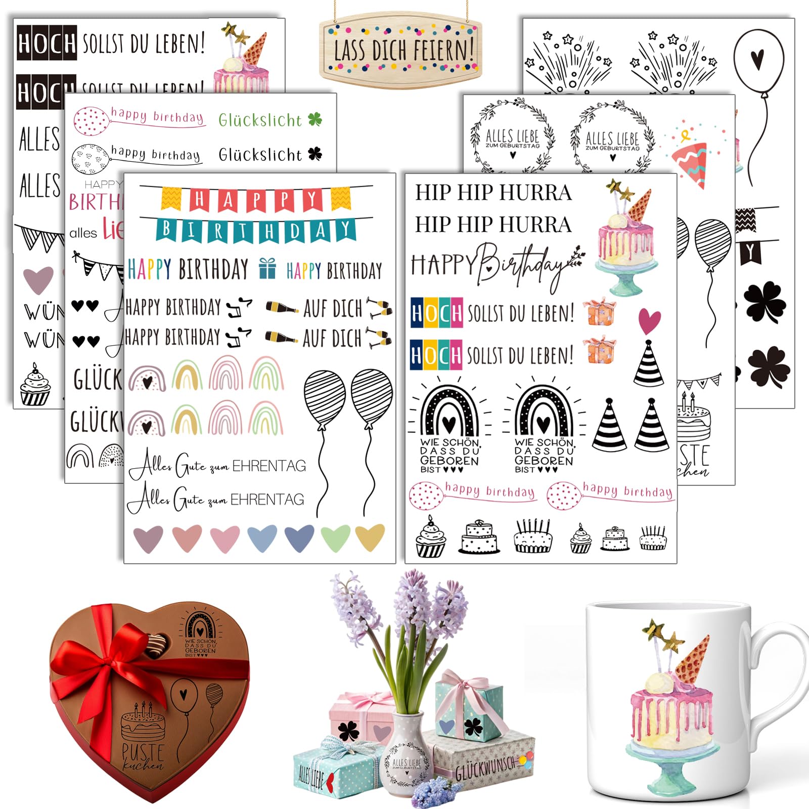 Rub On Sticker Geburtstag, 6 Stück A5 Transferaufkleber, Happy Birthday Sprüche für Möbel, Glas, Holz, Scrapbooking, Liebevolle Deko, Personalisiert & Wasserfest (Geburtstag)