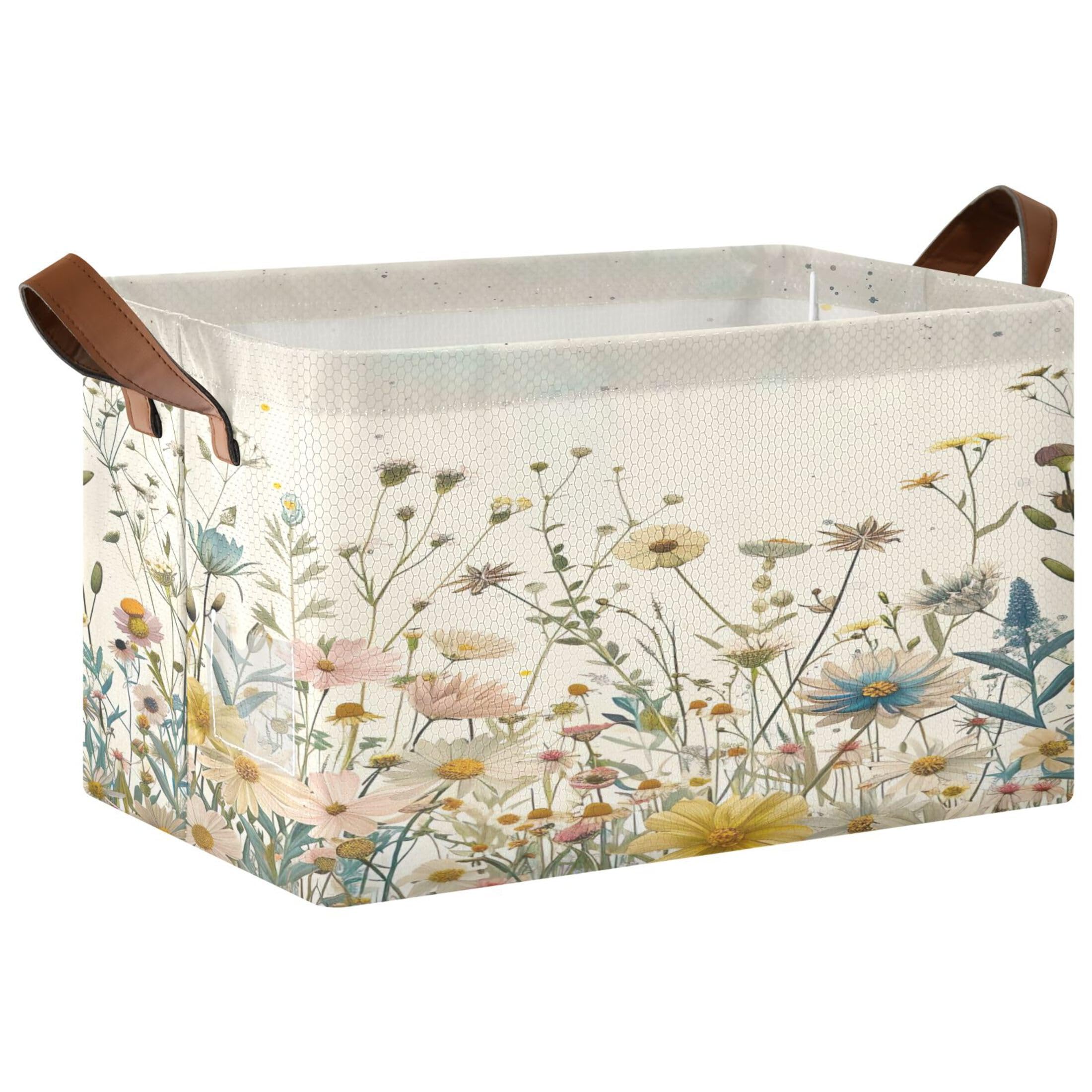 Kutsu Foldable Storage Basket Vintage Wildflowers Collapsible Storage Bin with Handles for Shelves, Rectangle Basket for Home Nursery Decor, 16.9x11.4x10 in