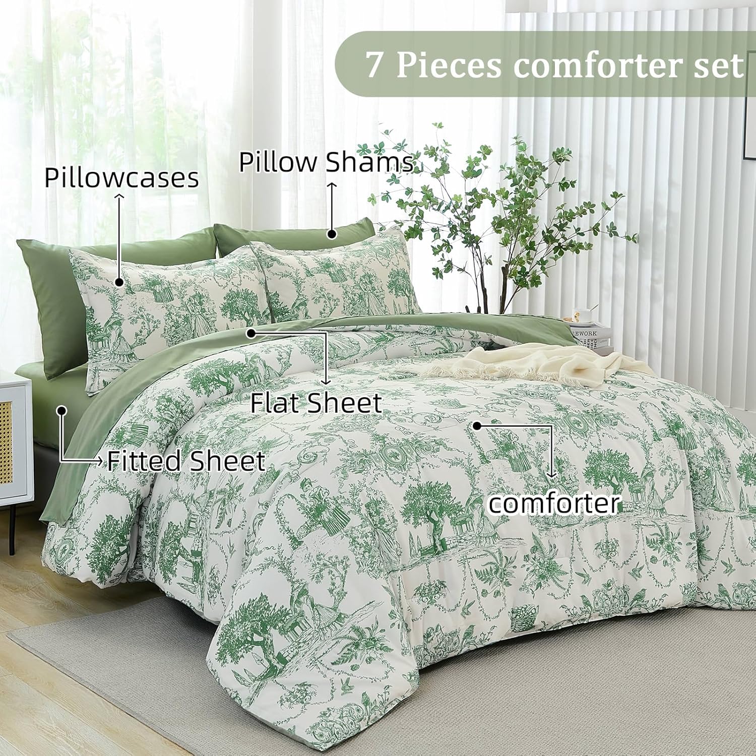 Xruibed Green Queen Comforter Set 7 Piece Bed in a Bag Toile de Jouy Botanical Comforter Soft Micorfiber Floral Bedding Set (1 Comforter,2 Pillow Shams,1 Flat Sheet,1 Fitted Sheet,2 Pillowcases)