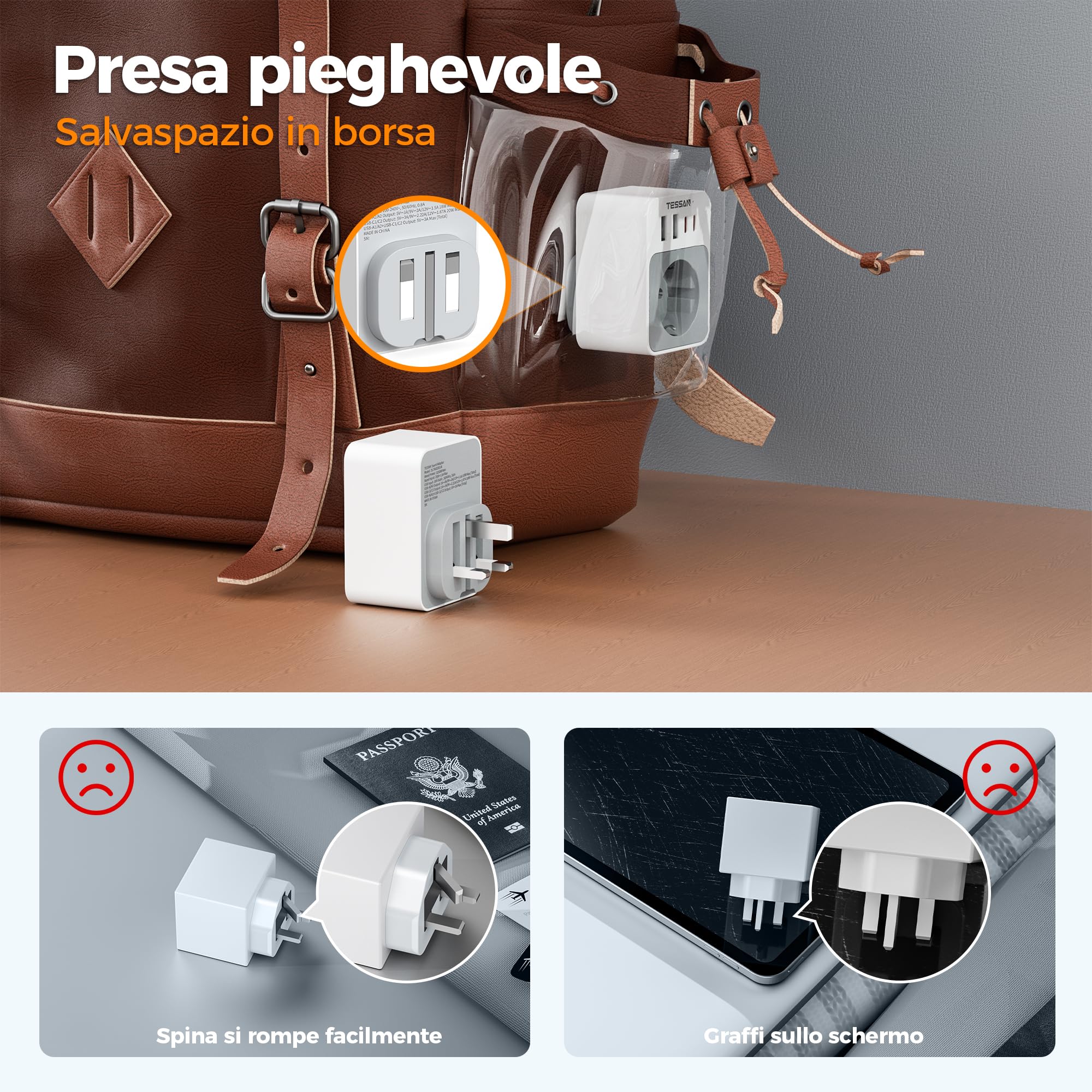 TESSAN Confezione da 2 Adattatore Presa Inglese, 5 in 1 Adattatore UK da Viaggio, Compatto e Pieghevole Spina Inglese USB C 20W, per Irlanda Londra Malta Dubai Zanzibar Presa Elettrica Tipo G