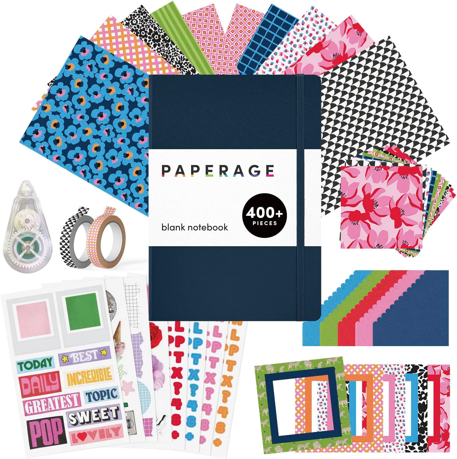 PAPERAGE Junk Journal & Scrapbook Kit, Hardcover Blank Journal Notebook, 20 Patterned Papers, 8 Sticker Sheets, 20 Die-Cut Shapes, 2 Washi Tapes & Tape Roller, Creative Journaling Supplies - Navy