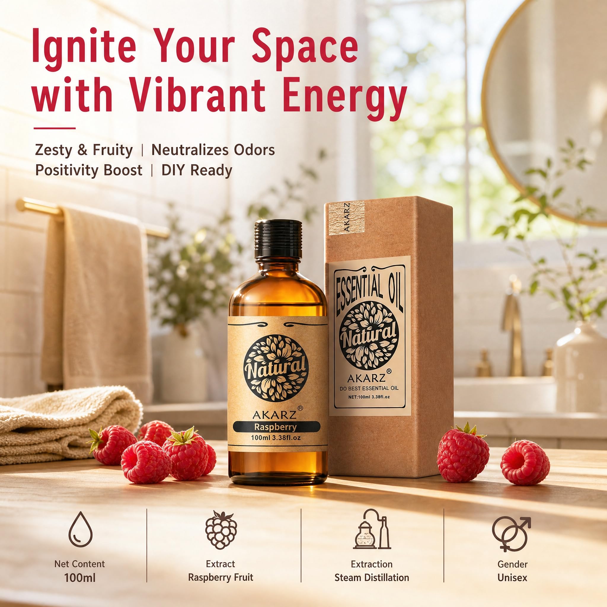 AKARZ 100ml Olejek esencjny z Maliny - Naturalny olejek aromatyczny do dyfuzorów, lamp aromatycznych i aromatów pomieszczeń