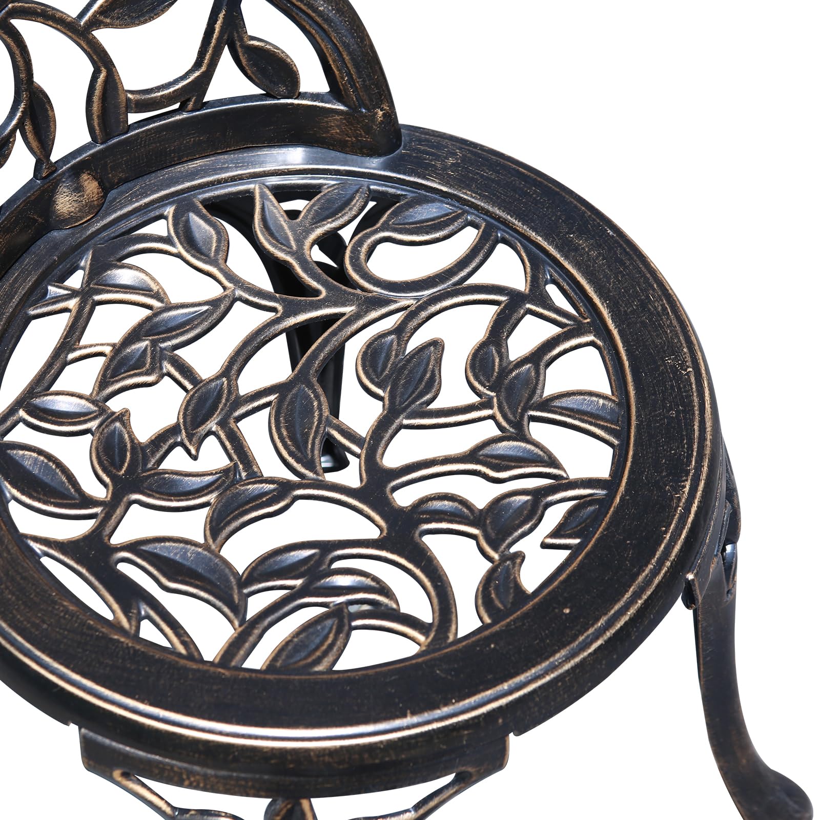Antike gegossene Aluminium Taverne Set, 3-teiliges Set, Gartenmöbel Set mit Zwei Stühlen und rundem Tisch, dekoratives Design, Bronze Aussehen (Blatt)