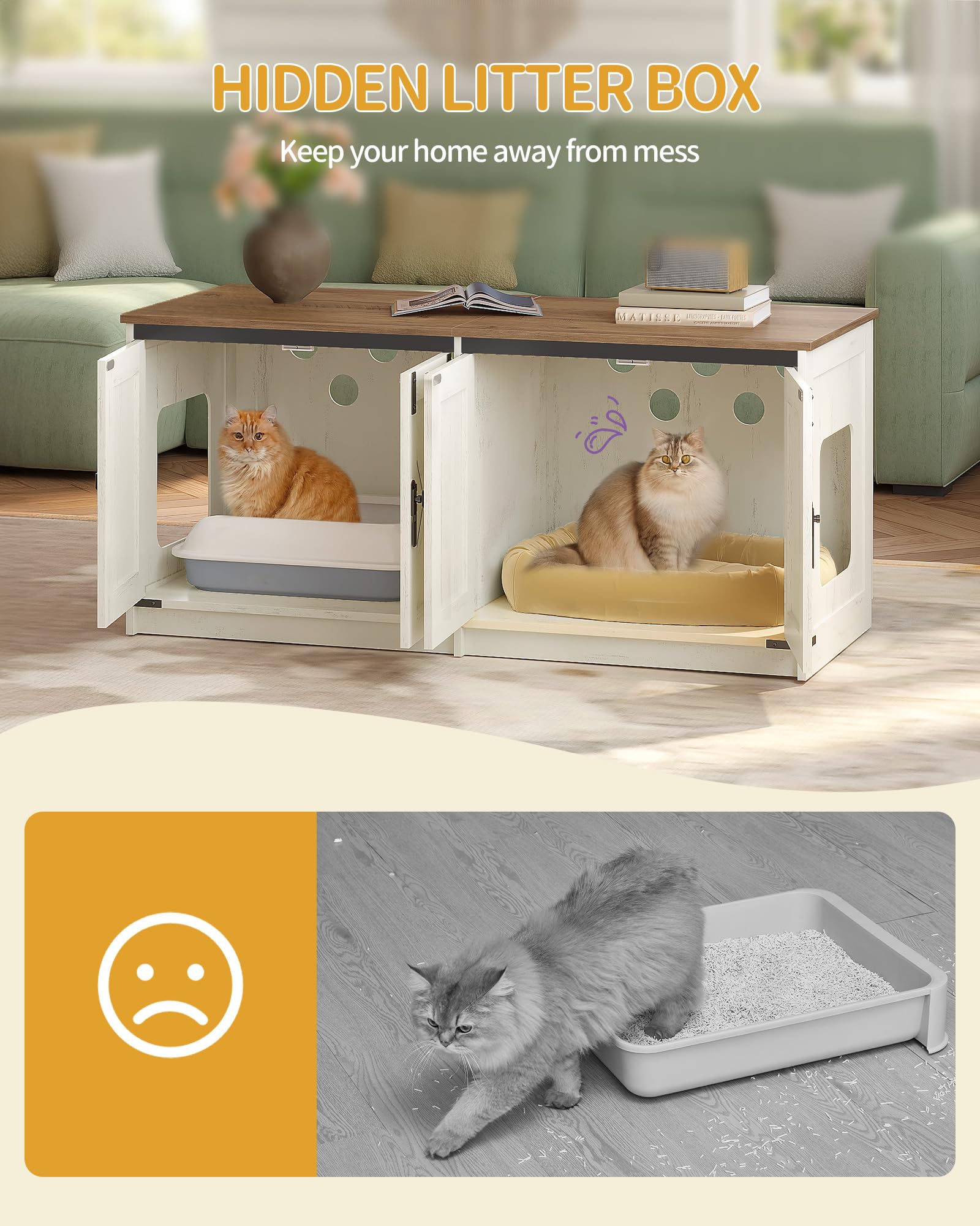 Hzuaneri Armario para Gatos, 119cm Blanco Marrón, Caseta para Gato Interior | 119 x 48 x 53,5 cm, Mueble Arenero Gato para 2 Gatos, Mueble de Caja de Arena Oculto, Estilo Granja, CB85314X