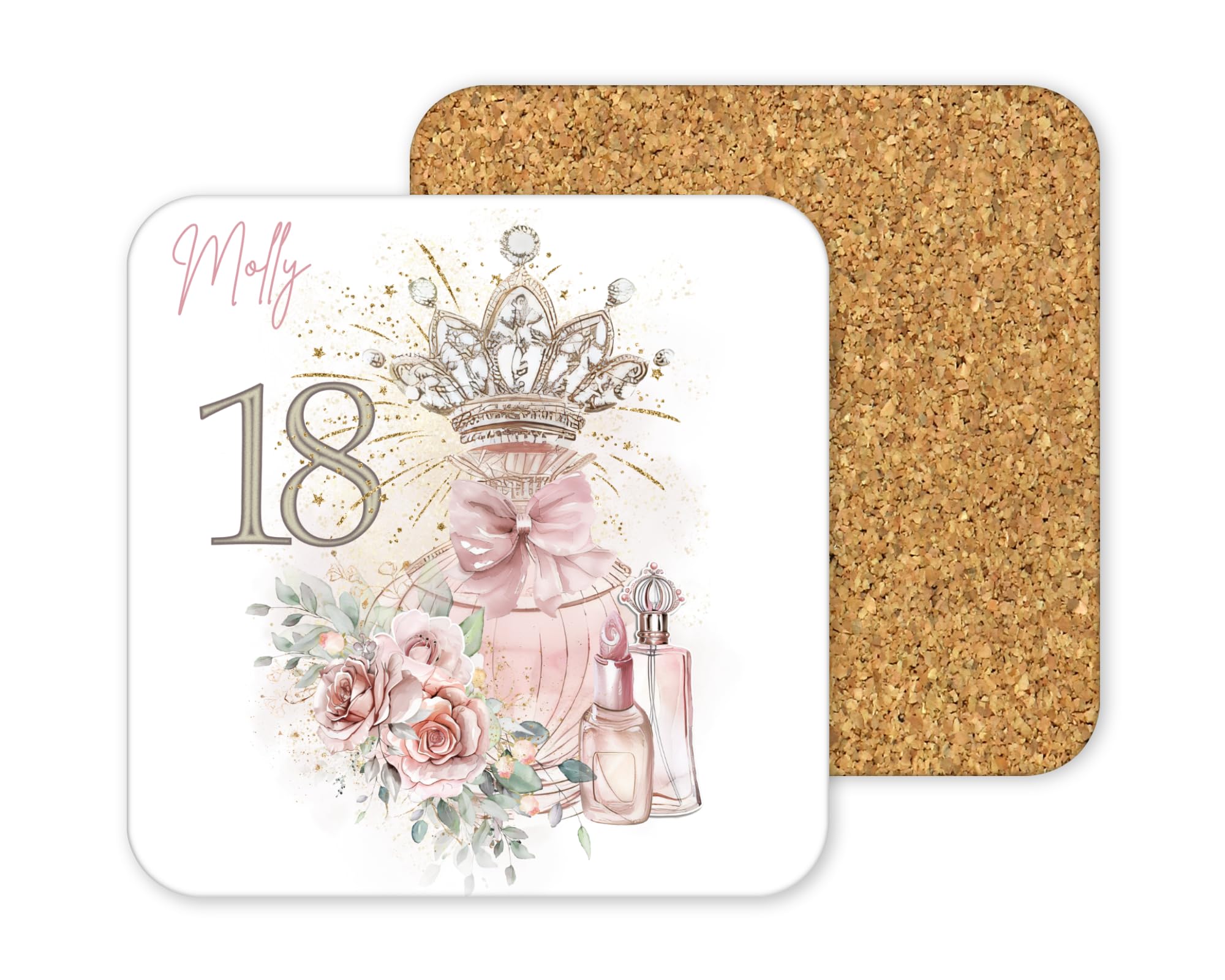 Personalised Cork-Backed Drinks Coaster, Square 9.6cm Drink Mat, Customisable Design for Birthday, Special Occasion Gifts, White Surface with Protective Base (18th Birthday Crown)