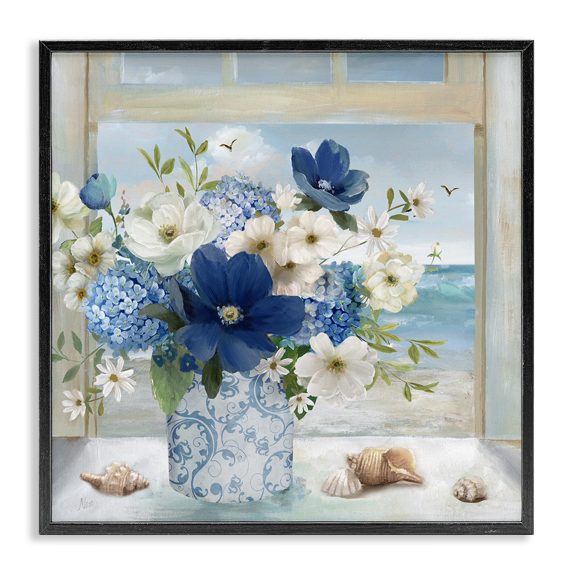 Stupell Industries Midnight Black (Textured) 'Seaside Blue & White Arrangement'| Framed Giclee Art