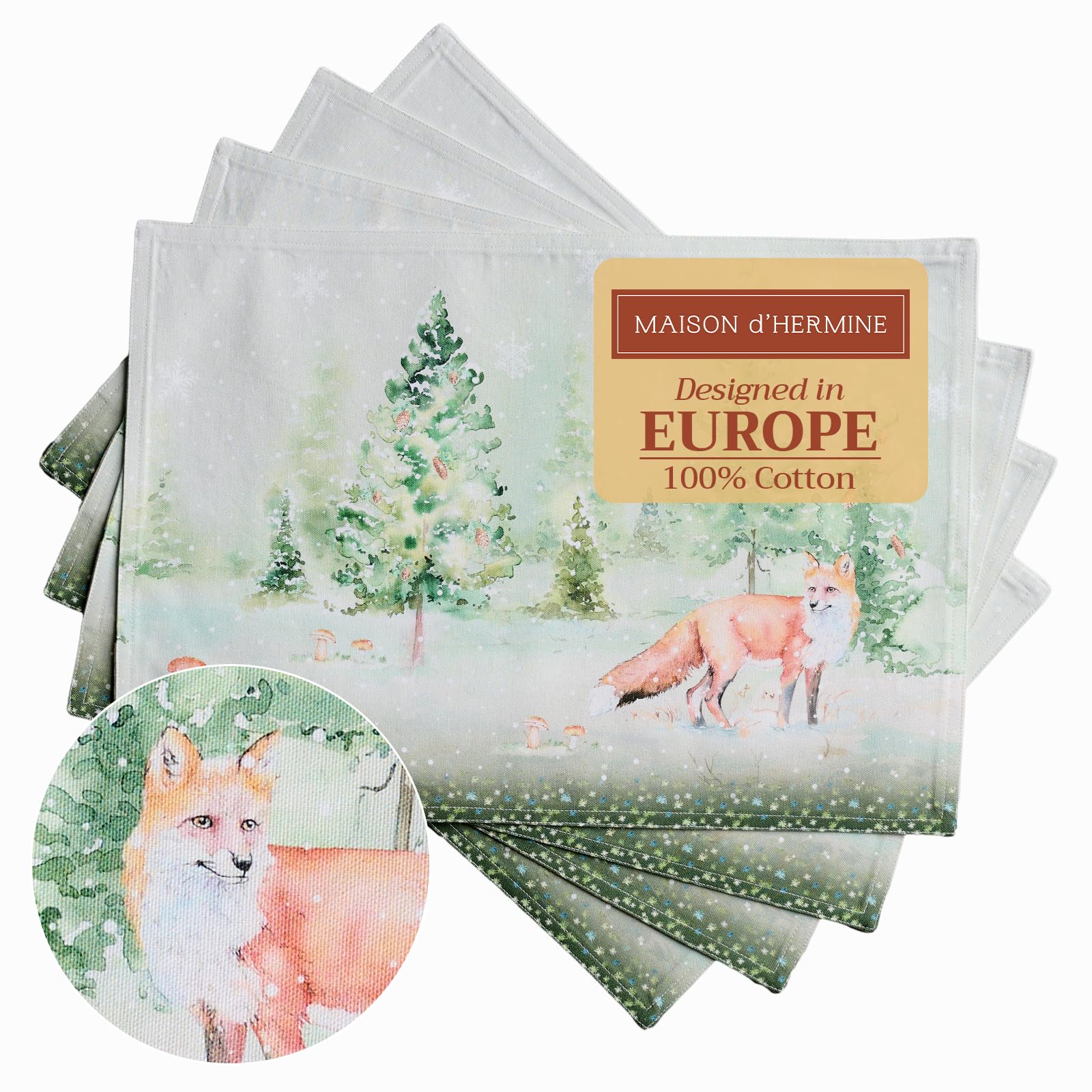 Maison d' Hermine Placemats Set of 4 100% Cotton Washable Cloth Place Mats, Reusable Table Mats for Christmas Decorations Kitchen Dining Party Wedding Restaurant (Winter Mornings, 33 CM x 48 CM)