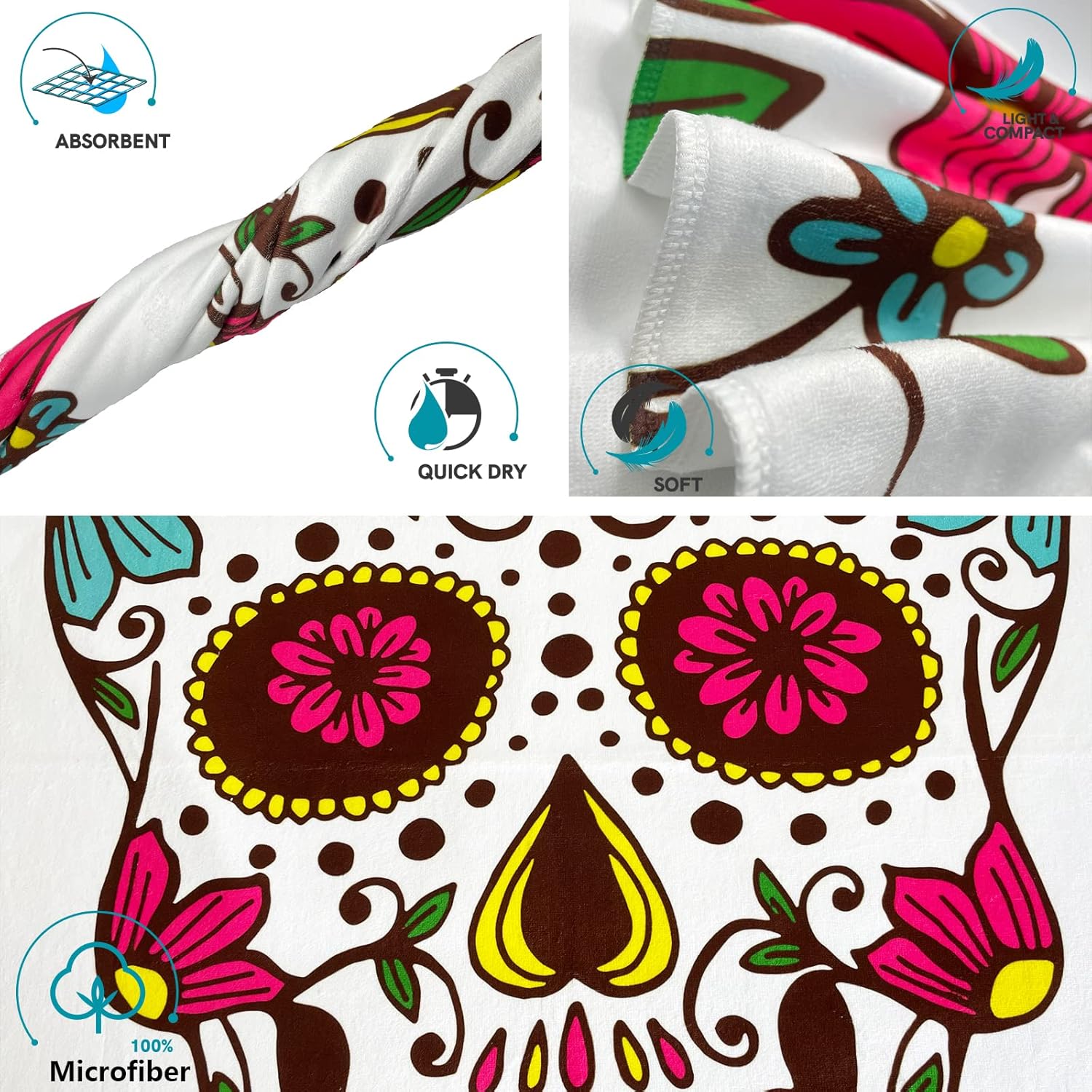 Skull Flower Day of The Dead Sand Free Beach Towel Absorbent Bath Towel Large Hand Towels For Swimming Bathroom Spa Pool