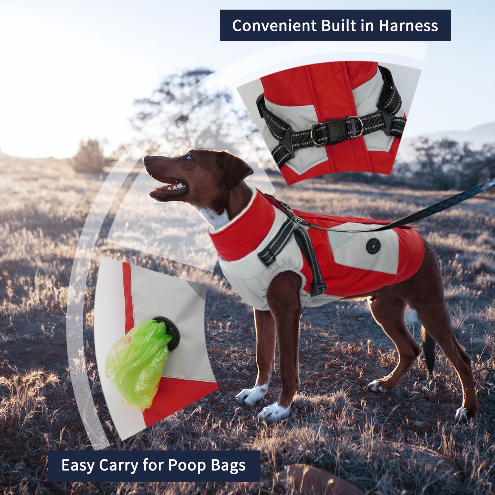IECOii Cappotto per cani foderato in pile spesso con imbracatura integrata, giacca invernale per cani con cerniera, impermeabile, antivento, caldo, 2 in 1, per cuccioli di taglia grande, media e