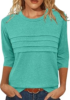 3/4 Length Sleeve Womens Tops Round Neck Casual Tunic Tops Pleated Shirts Dressy