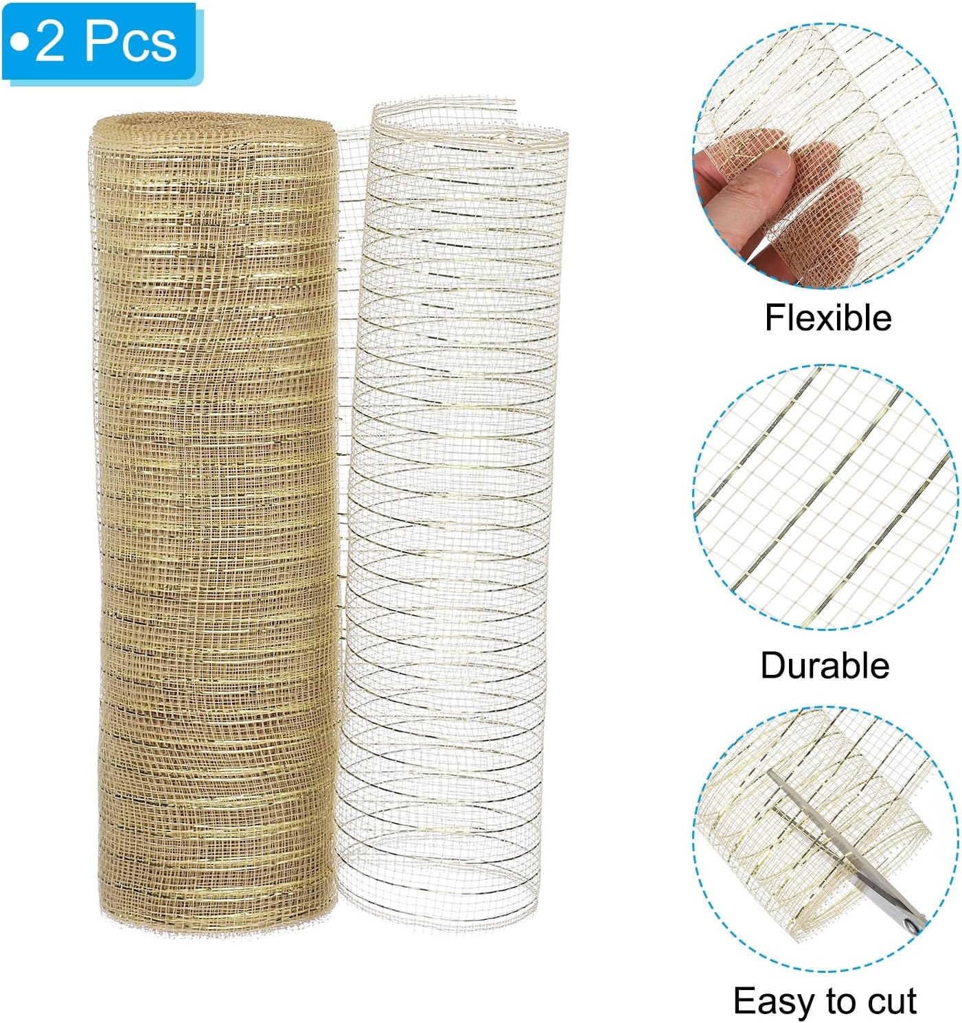 PATIKIL 2 Pcs Decorative Mesh Ribbon, 10 Inch x 10 Yard Mesh Ribbon Roll Foil Metallic for Christmas Tree Wreath Decoration, Champagne