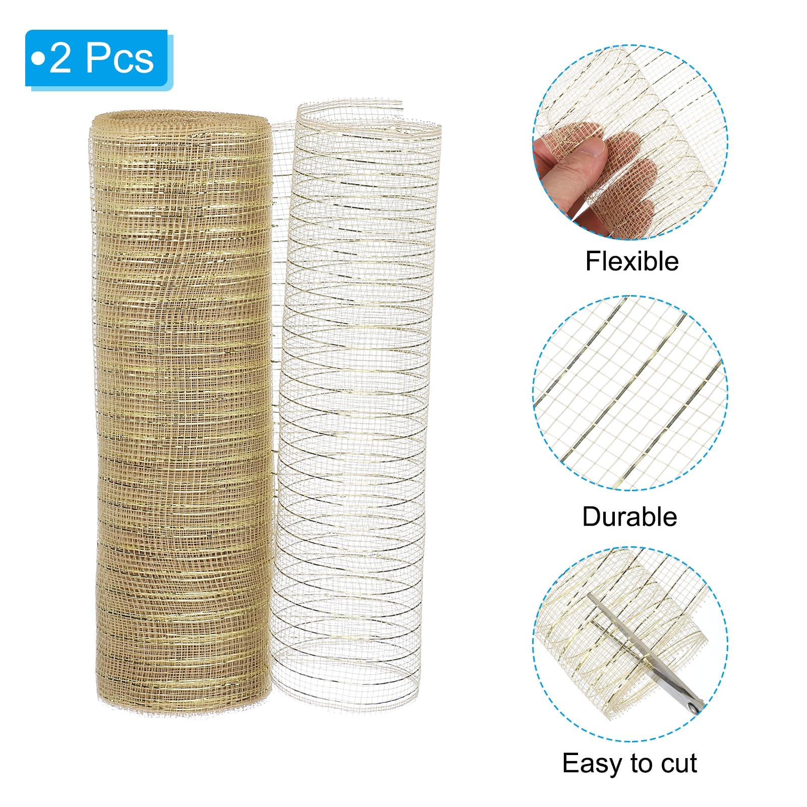 PATIKIL 2 Pcs Decorative Mesh Ribbon, 10 Inch x 10 Yard Mesh Ribbon Roll Foil Metallic for Christmas Tree Wreath Decoration Champagne - Image 3