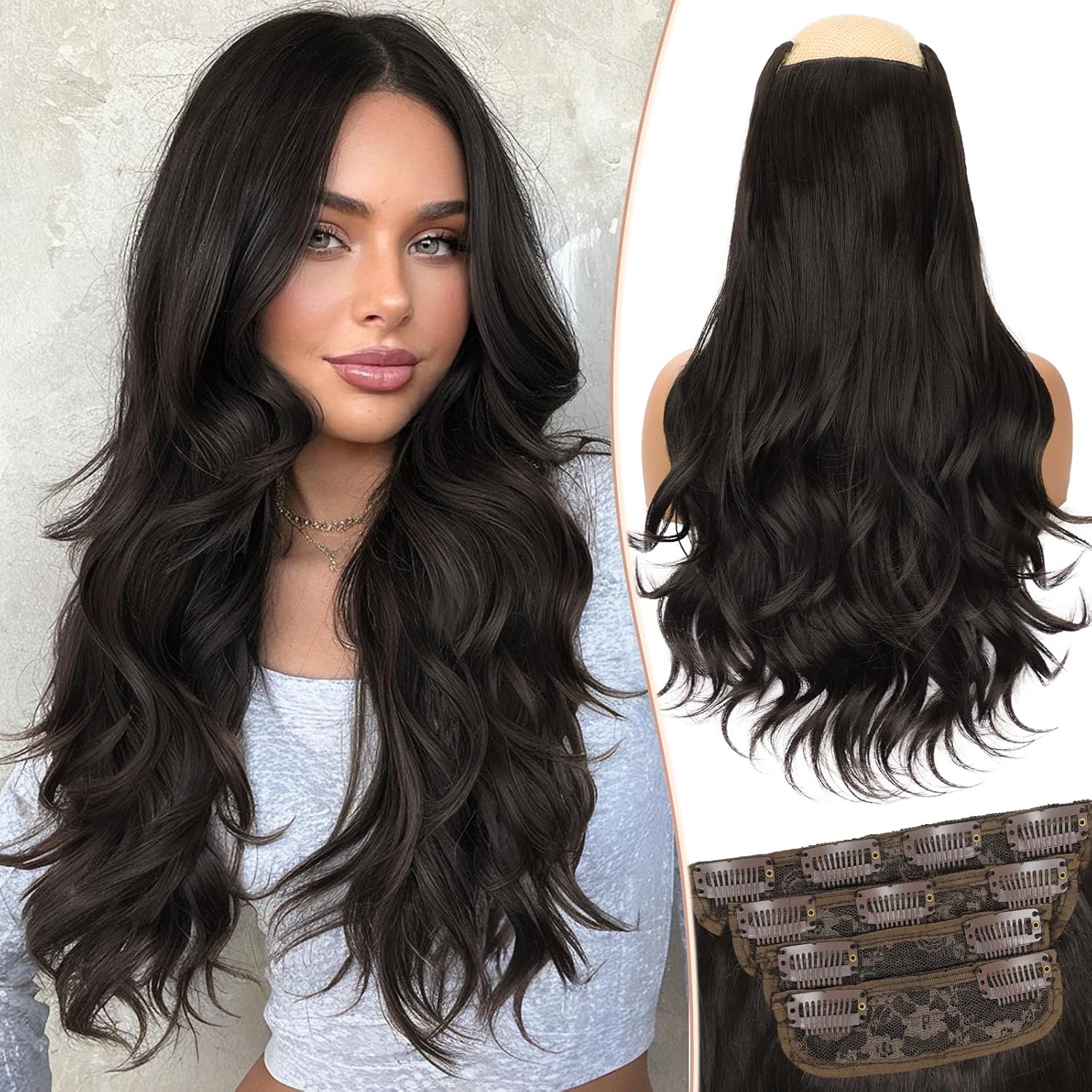 Kookastyle Clip in Hair Extensions, Natural Long Layered Soft Invisible Synthetic Curly Hairpieces for Women,4 pcs(20 Inch,Dark Brown) 20 Inch Dark Brown