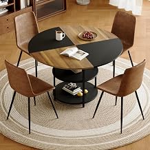 Table and Chair Set A 47.3-inch Diameter Modern Spliced Color Circular Dining Table - Double-Layer Storage.Paired with 4 Technology-Fabric Brown Chairs with Curved Widened Cushion Design.